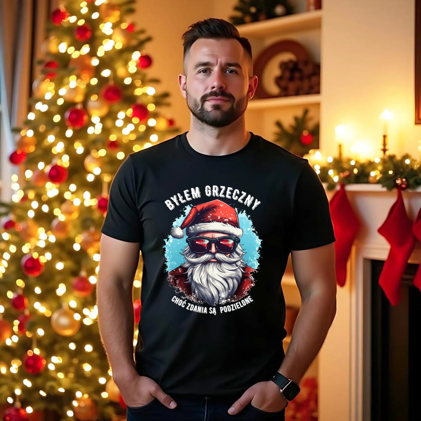 Koszulka męska świąteczna z Mikołajem - Byłem grzeczny, choć zdania są podzielone BN126 - StoryCups.pl