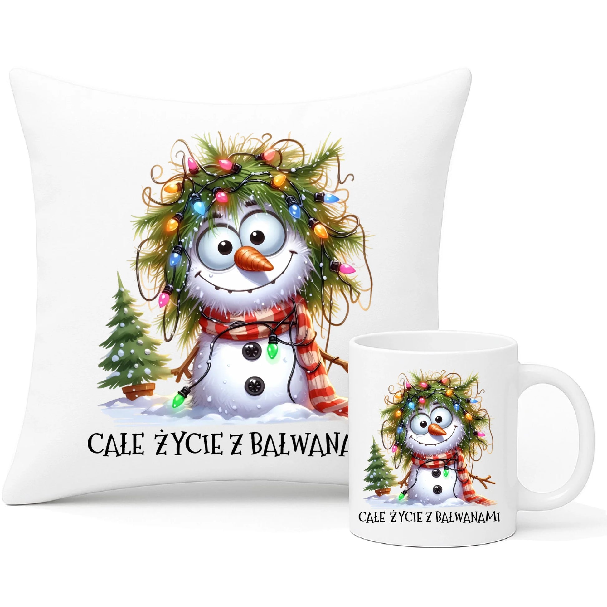 Zestaw poduszka i kubek świąteczny - Całe życie z bałwanami BN125 - StoryCups.pl