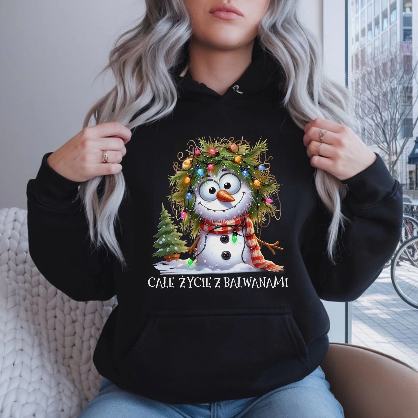Bluza damska z kapturem świąteczna - Całe życie z bałwanami BN125 - StoryCups.pl