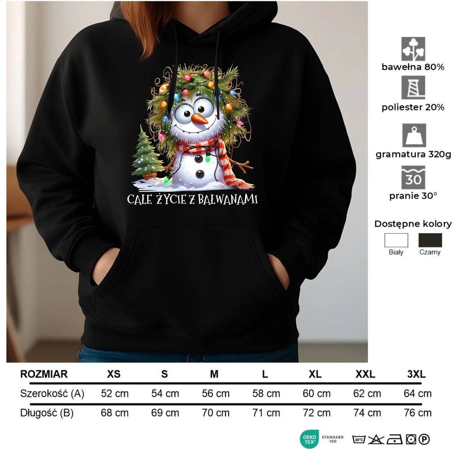 Bluza damska z kapturem świąteczna - Całe życie z bałwanami BN125 - StoryCups.pl