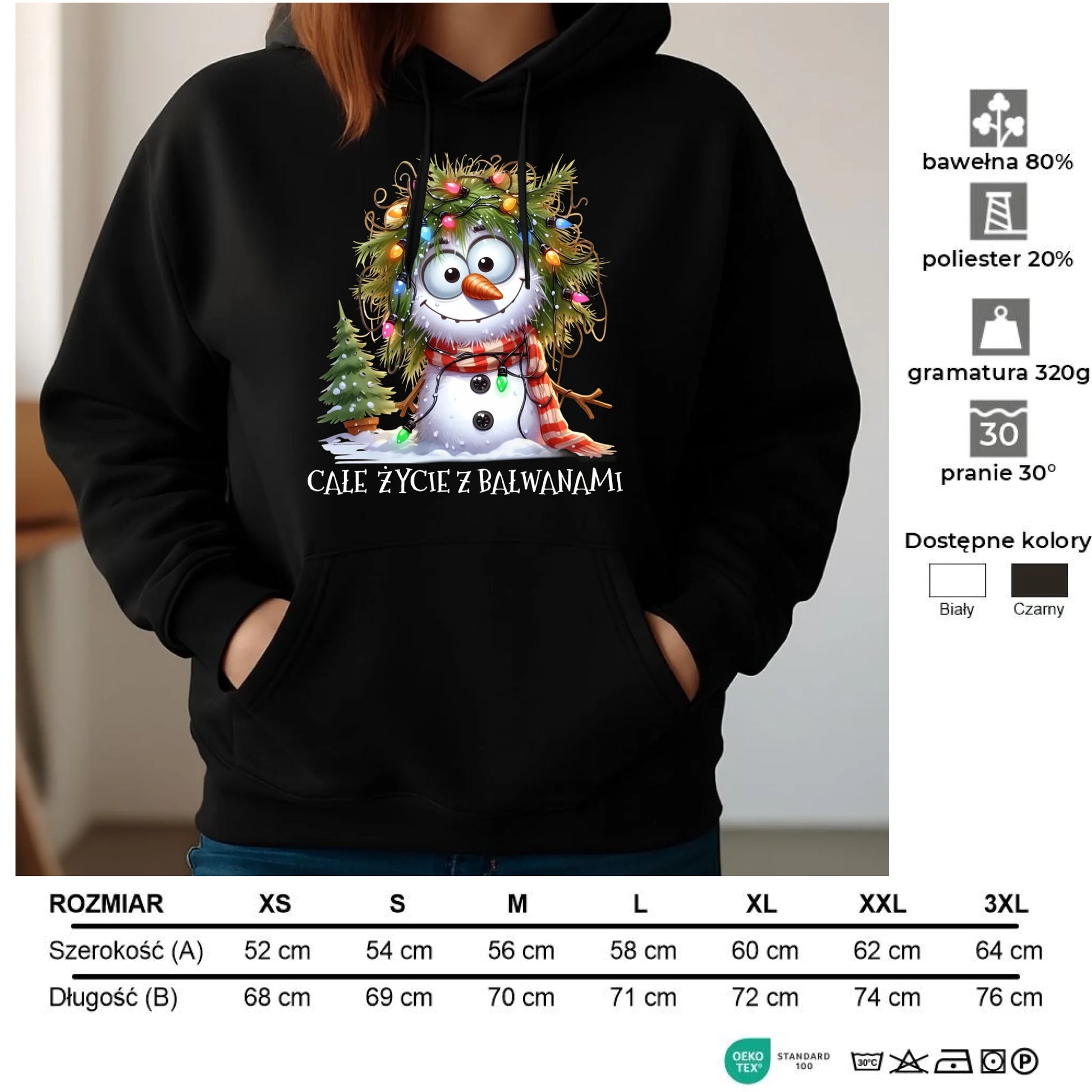 Bluza damska z kapturem świąteczna - Całe życie z bałwanami BN125 - StoryCups.pl