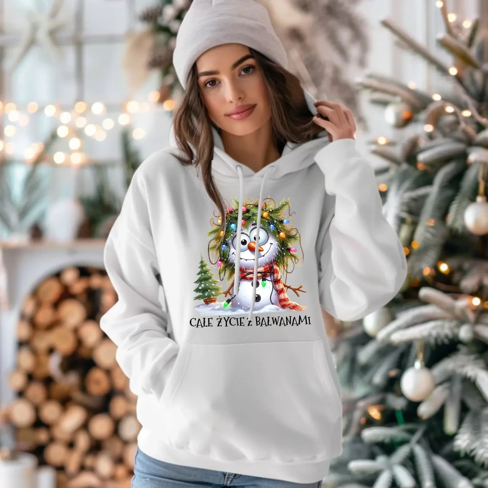 Bluza damska z kapturem świąteczna - Całe życie z bałwanami BN125 - StoryCups.pl