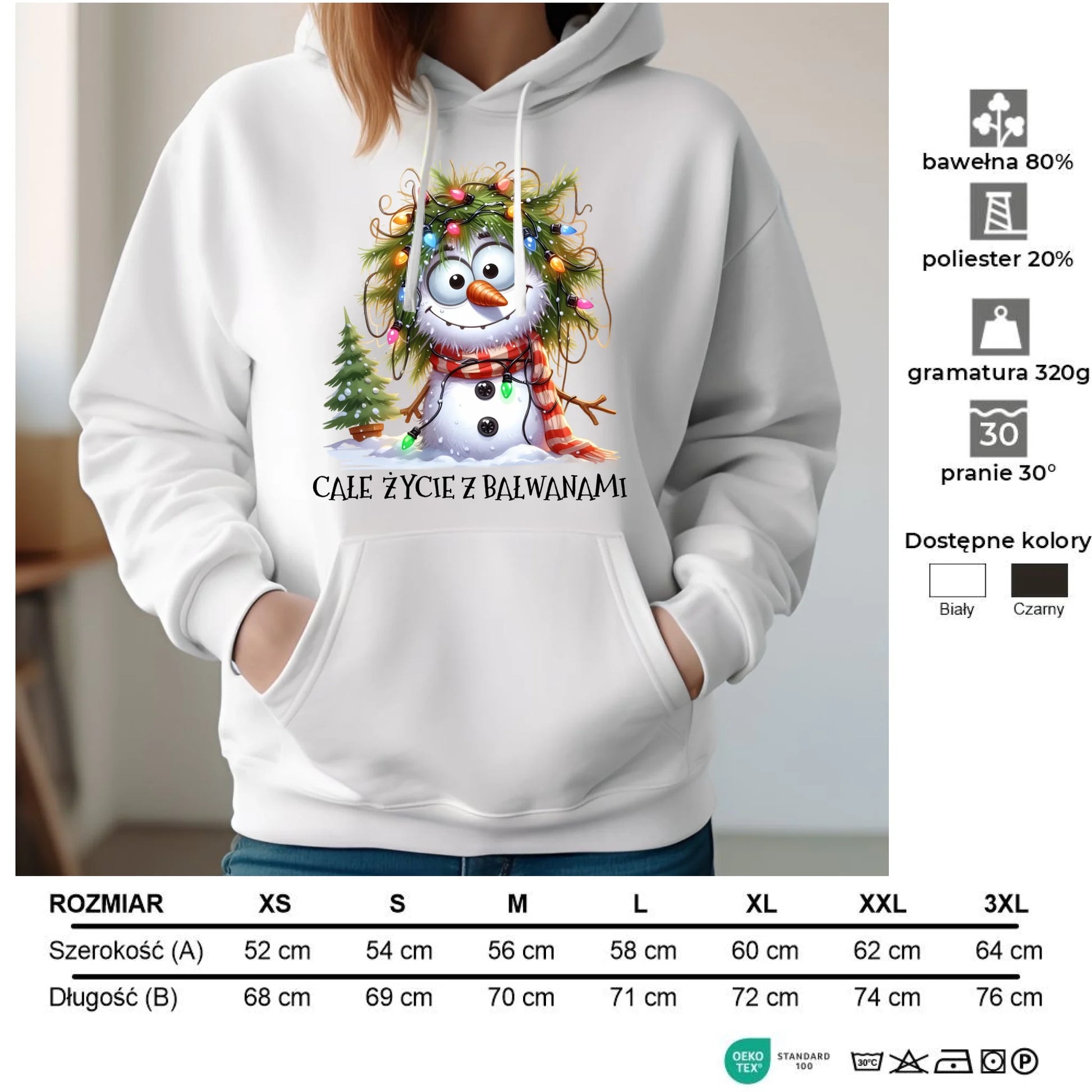 Bluza damska z kapturem świąteczna - Całe życie z bałwanami BN125 - StoryCups.pl