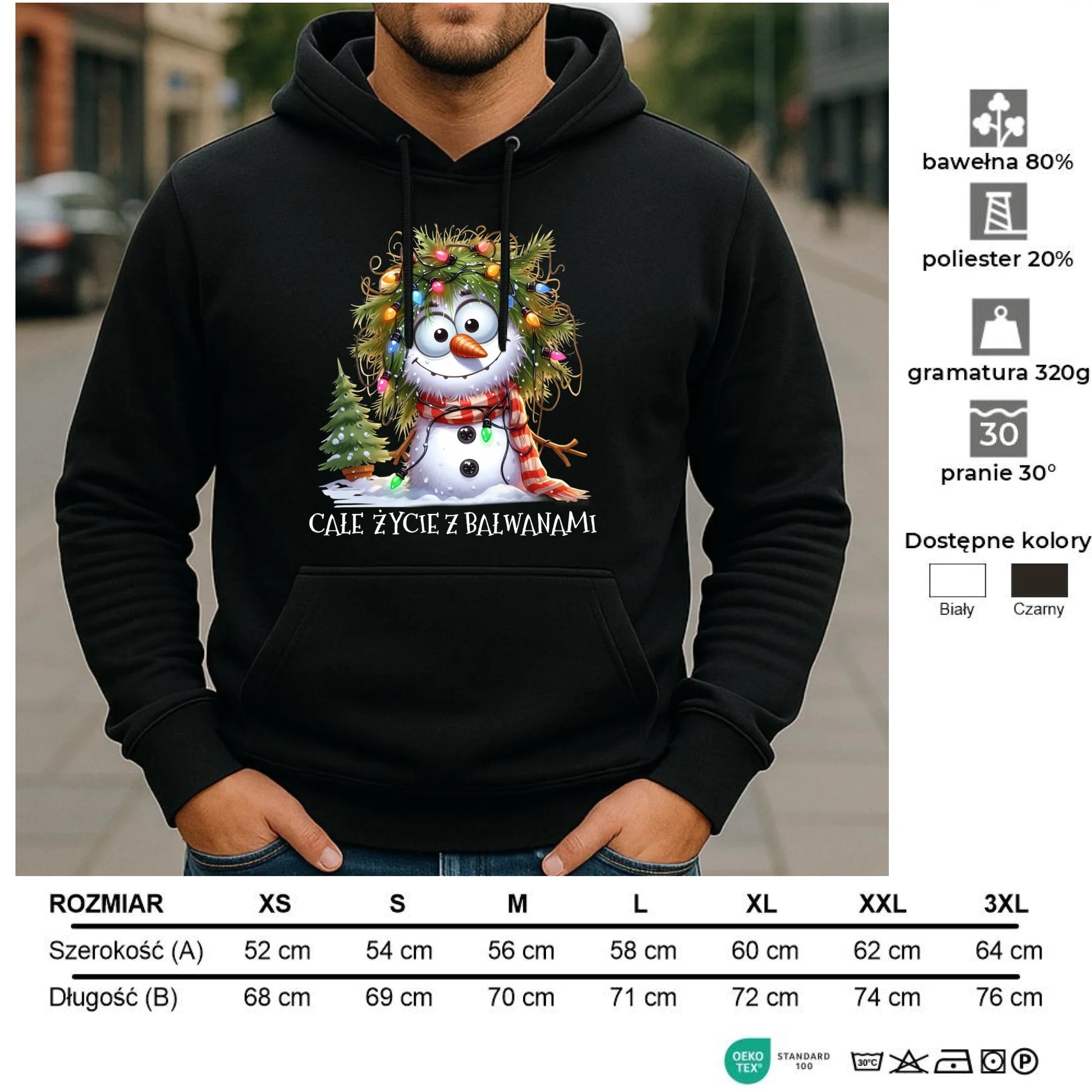 Bluza męska z kapturem świąteczna - Całe życie z bałwanami BN125 - StoryCups.pl