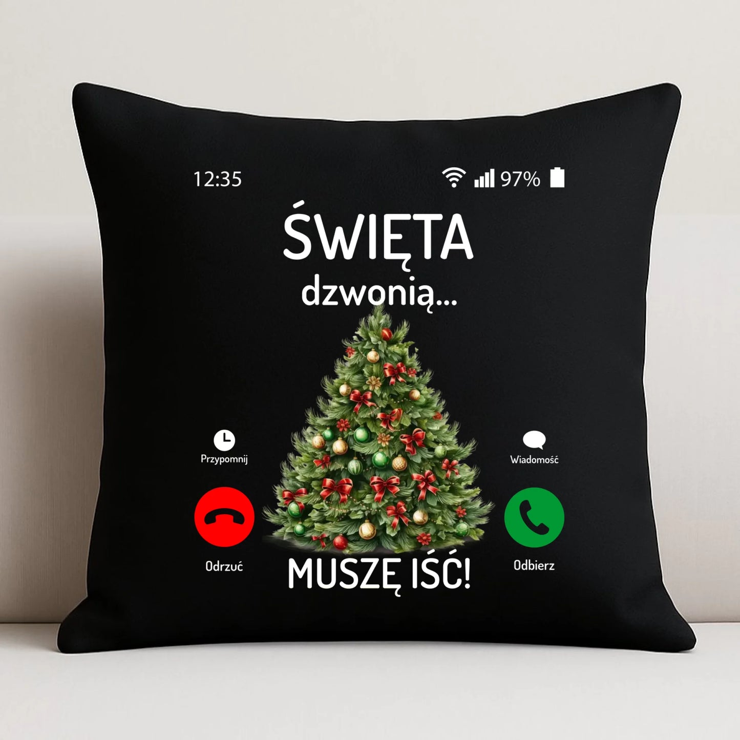 Poduszka dekoracyjna świąteczna - Choinka Święta dzwonią muszę iść BN124 - StoryCups.pl