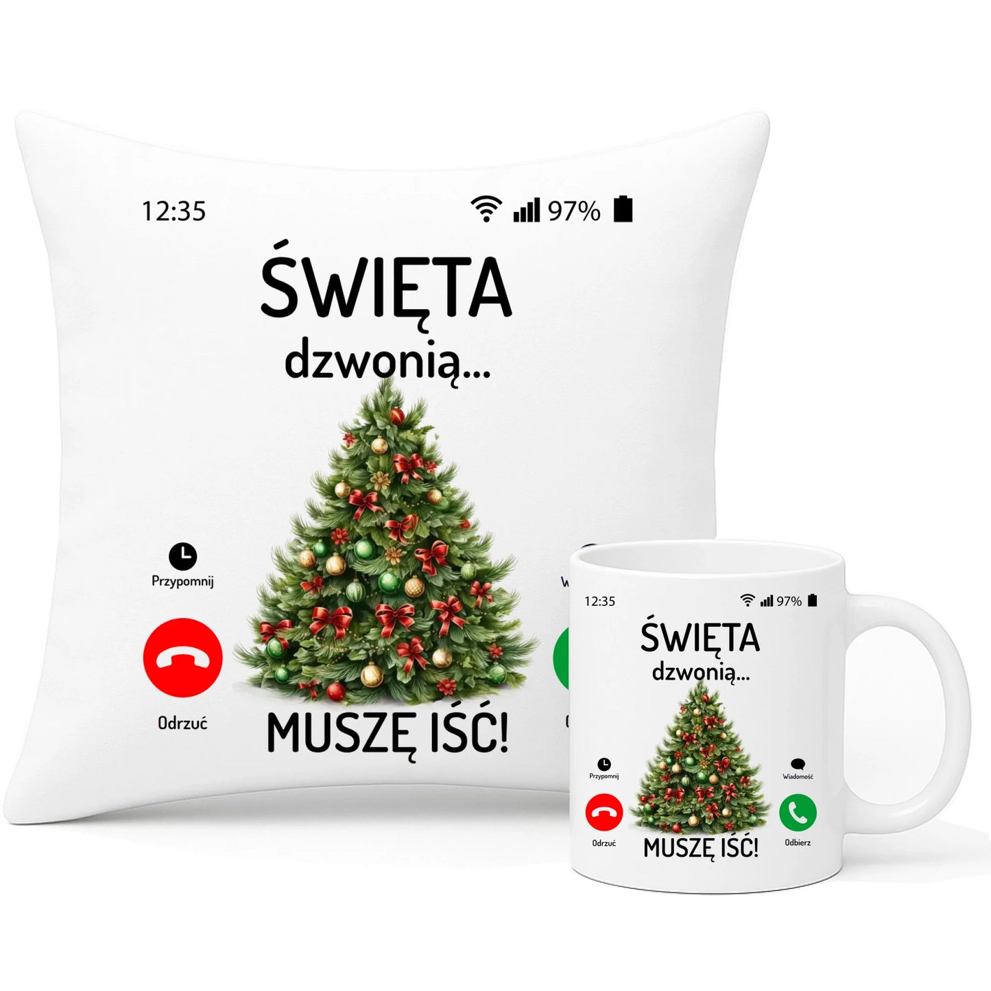Zestaw poduszka i kubek świąteczny - Choinka Święta dzwonią muszę iść BN124 - StoryCups.pl