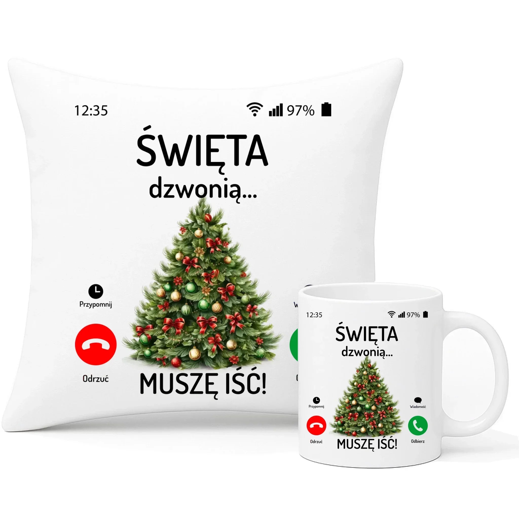 Zestaw poduszka i kubek świąteczny - Choinka Święta dzwonią muszę iść BN124 - StoryCups.pl