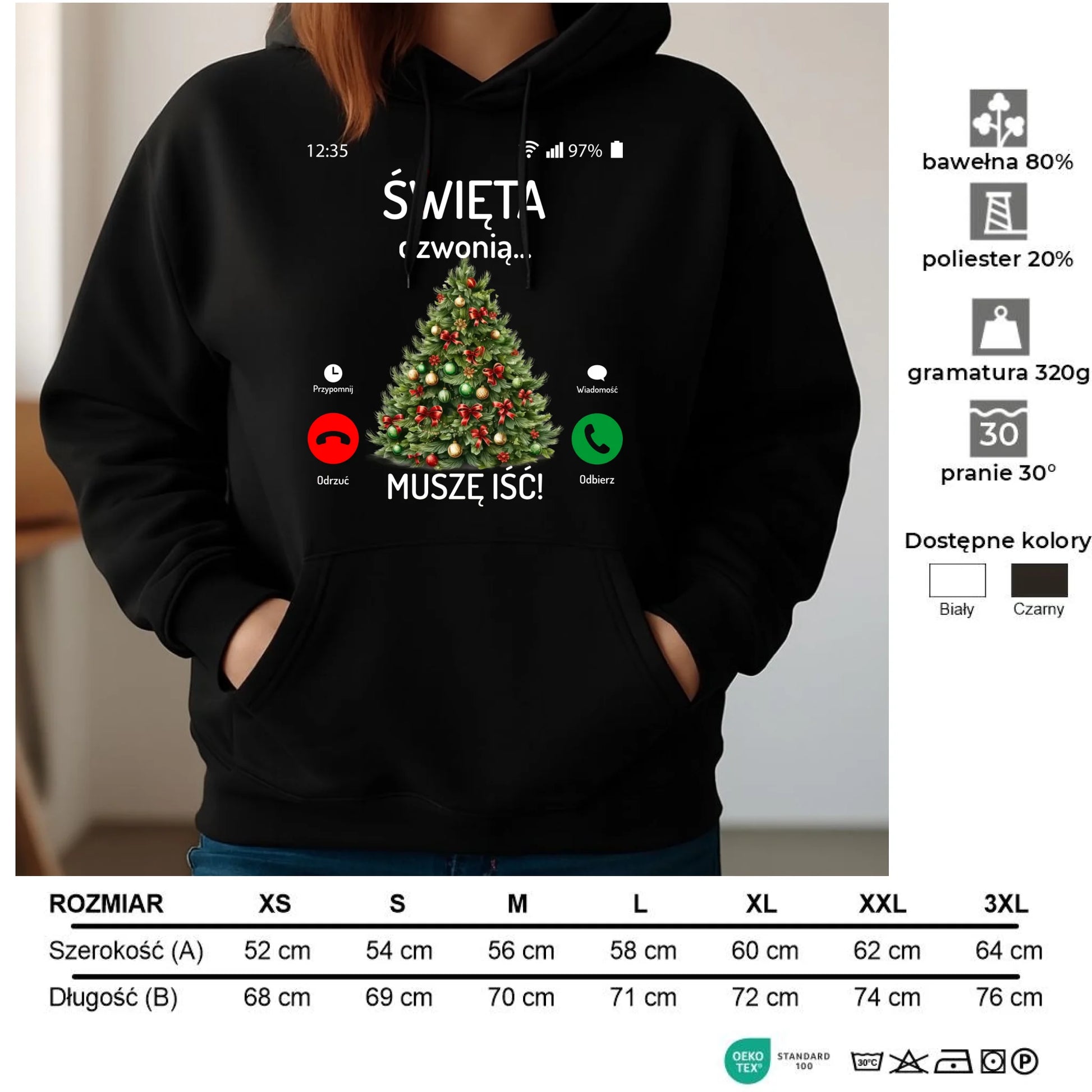 Bluza damska z kapturem świąteczna - Choinka Święta dzwonią muszę iść BN124 - StoryCups.pl