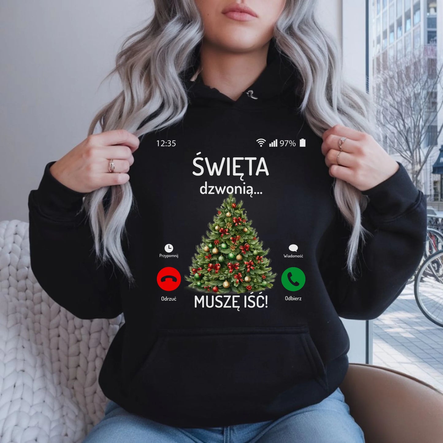 Bluza damska z kapturem świąteczna - Choinka Święta dzwonią muszę iść BN124 - StoryCups.pl