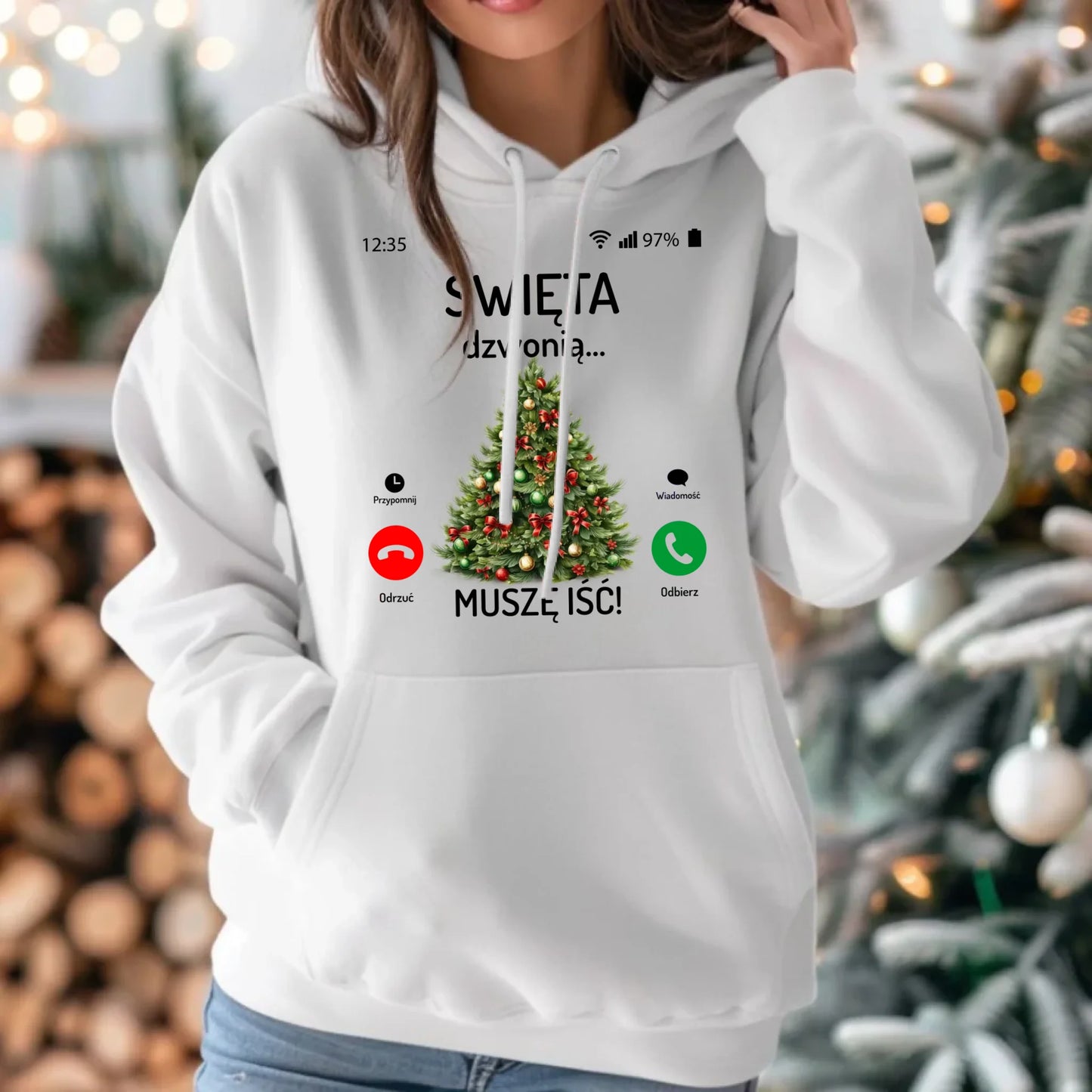 Bluza damska z kapturem świąteczna - Choinka Święta dzwonią muszę iść BN124 - StoryCups.pl