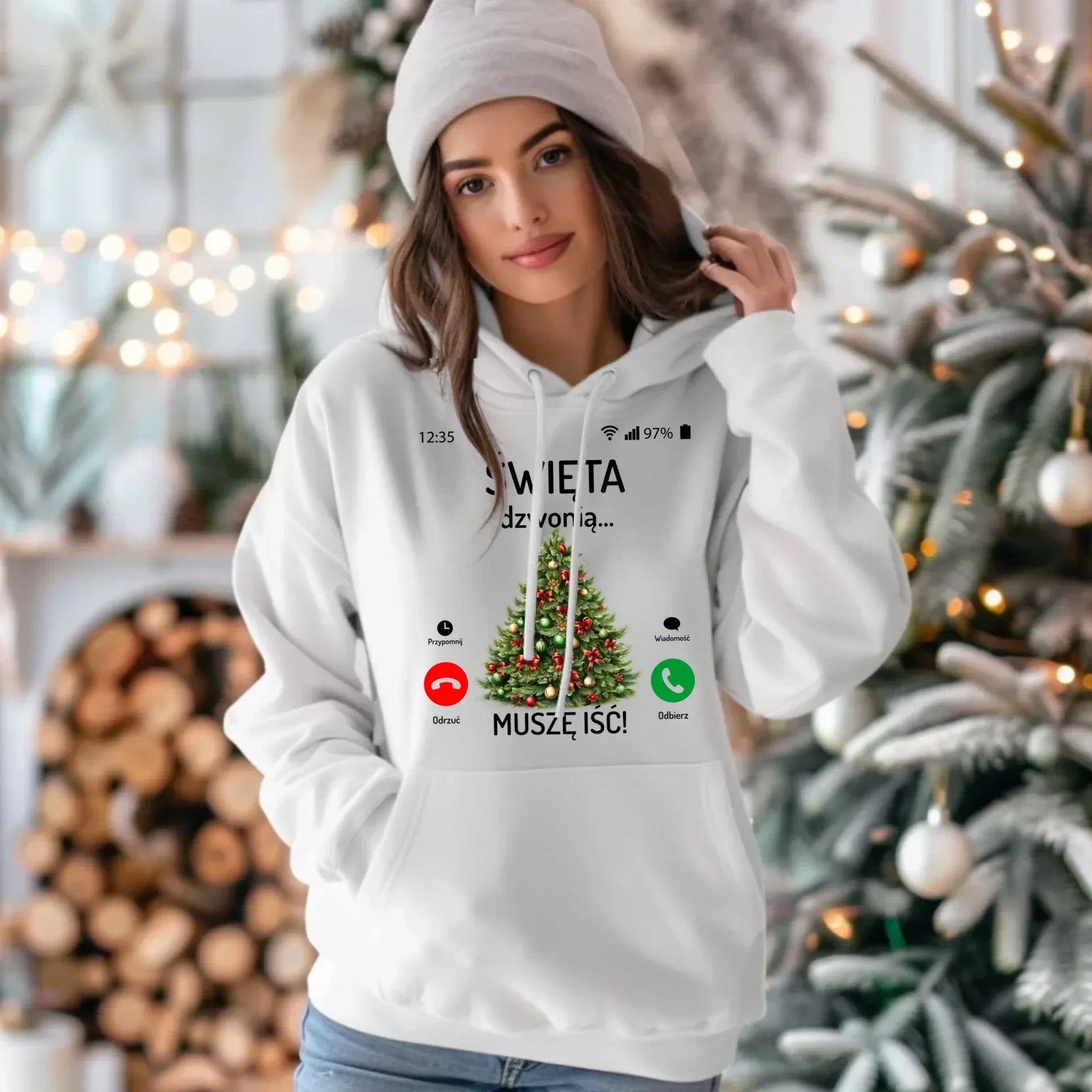 Bluza damska z kapturem świąteczna - Choinka Święta dzwonią muszę iść BN124 - StoryCups.pl