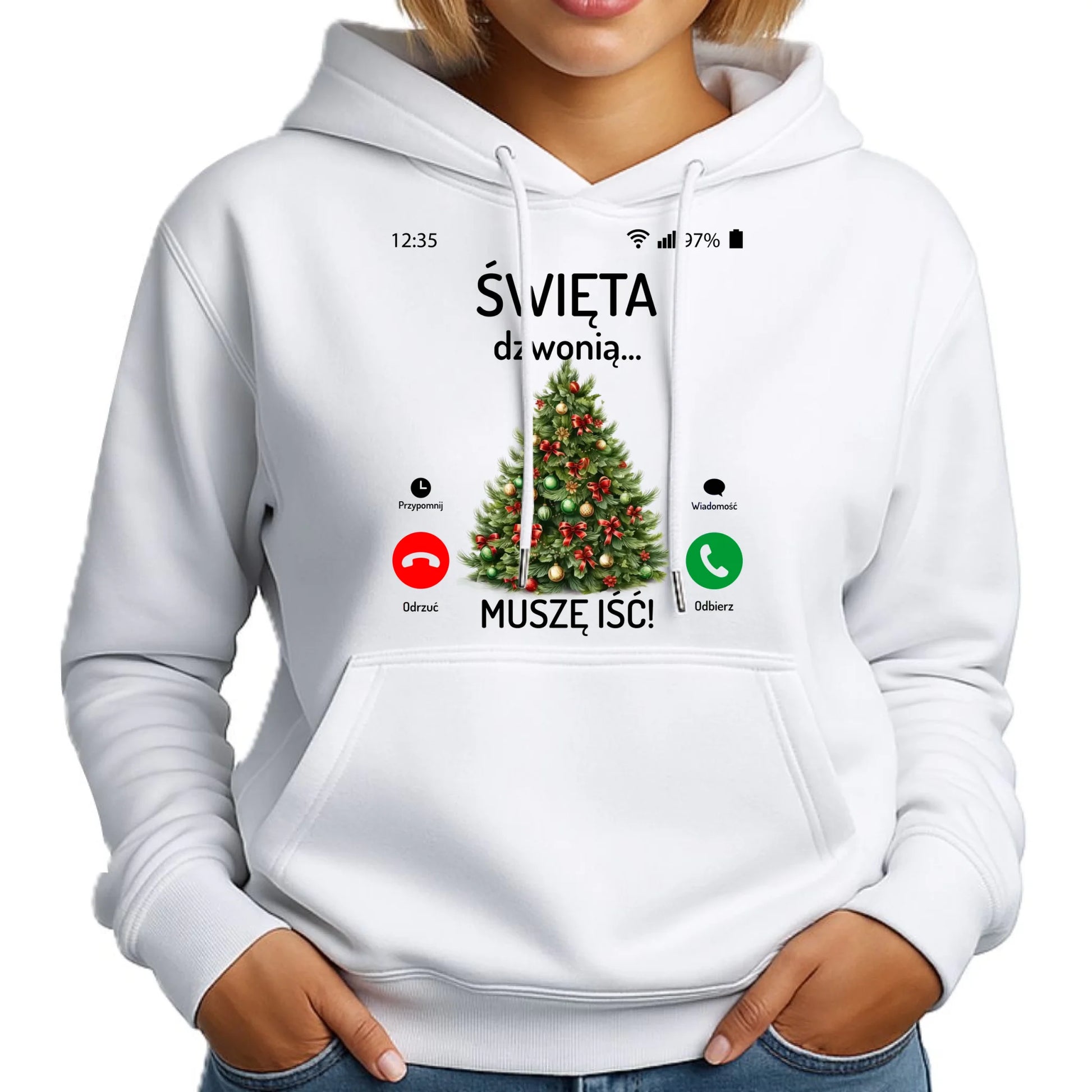 Bluza damska z kapturem świąteczna - Choinka Święta dzwonią muszę iść BN124 - StoryCups.pl