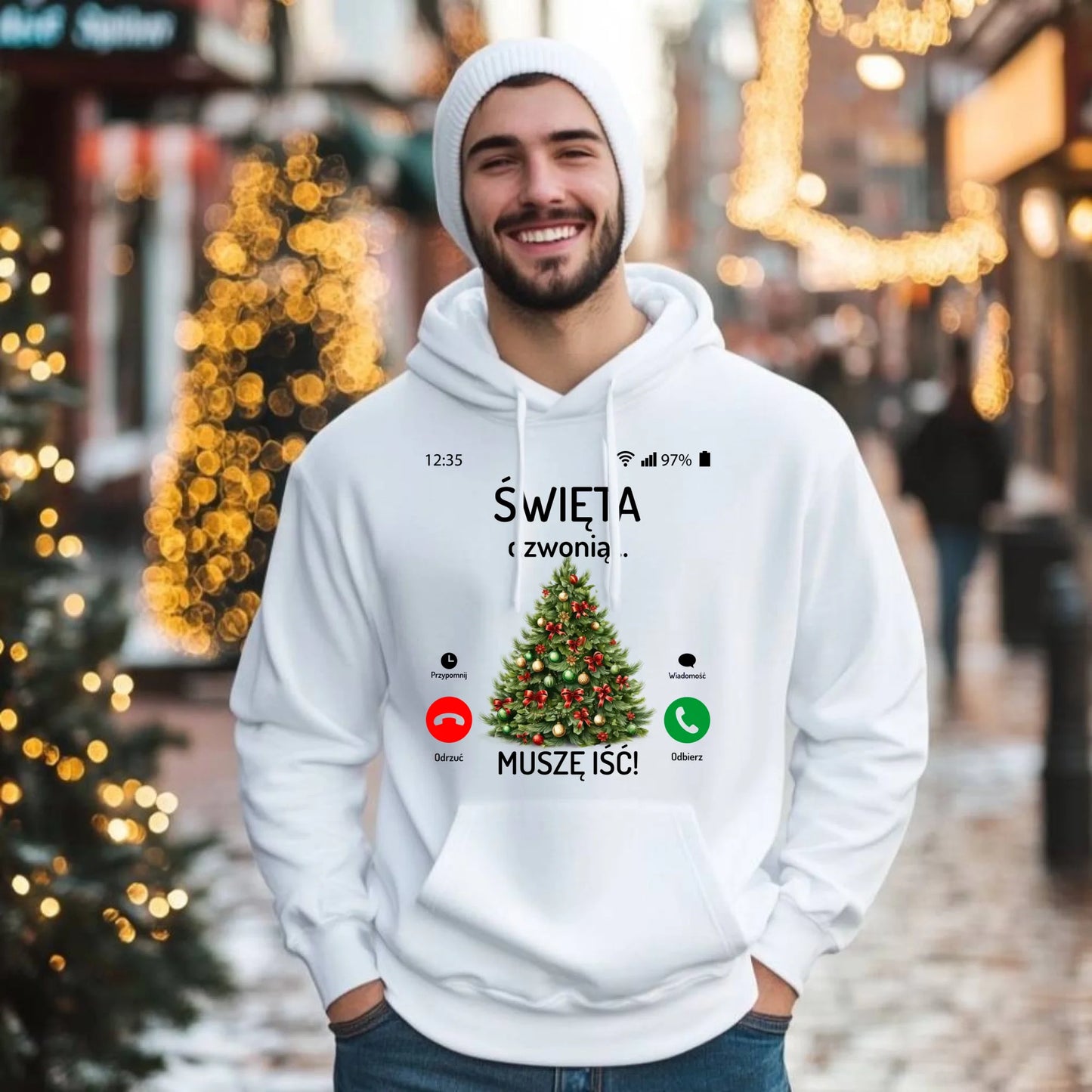 Bluza męska z kapturem świąteczna - Choinka Święta dzwonią muszę iść BN124 - StoryCups.pl