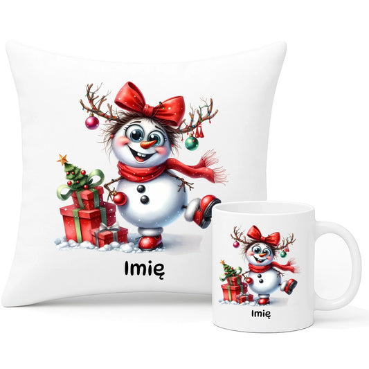 Zestaw poduszka i kubek świąteczny dla niej - Bałwanek - personalizowany BN123 - StoryCups.pl