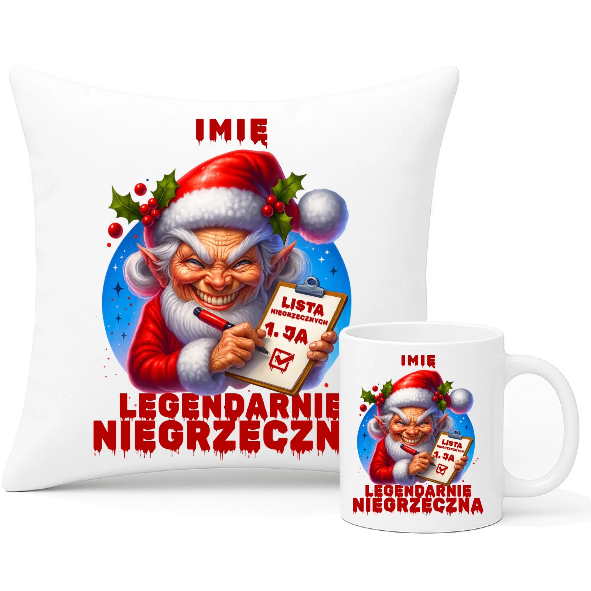 Zestaw poduszka i kubek świąteczny - Legendarnie niegrzeczna - personalizowany BN122 - StoryCups.pl