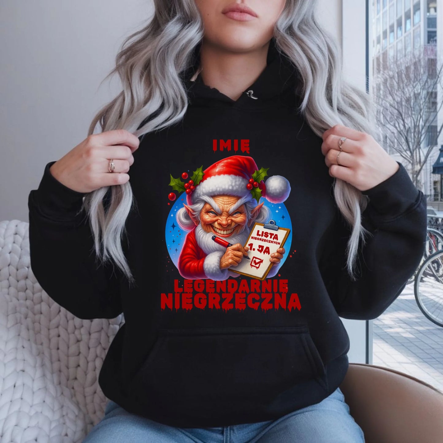 Bluza damska z kapturem świąteczna - Legendarnie niegrzeczna - personalizowana BN122 - StoryCups.pl