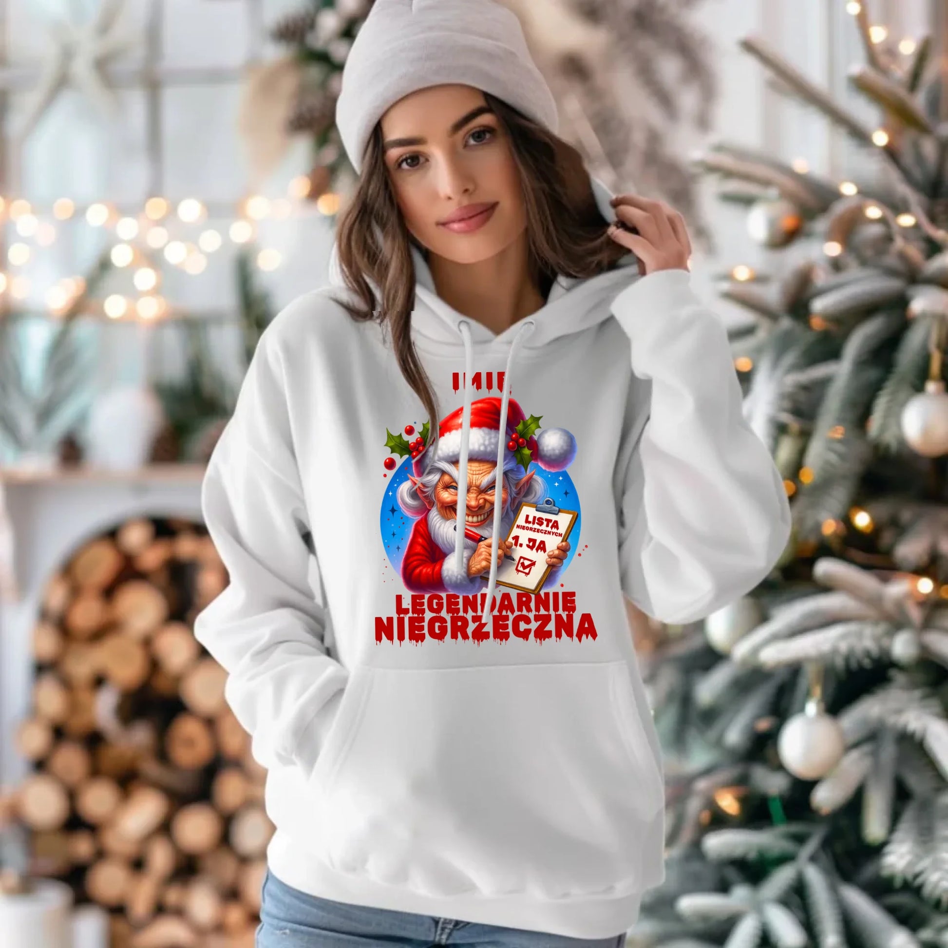 Bluza damska z kapturem świąteczna - Legendarnie niegrzeczna - personalizowana BN122 - StoryCups.pl