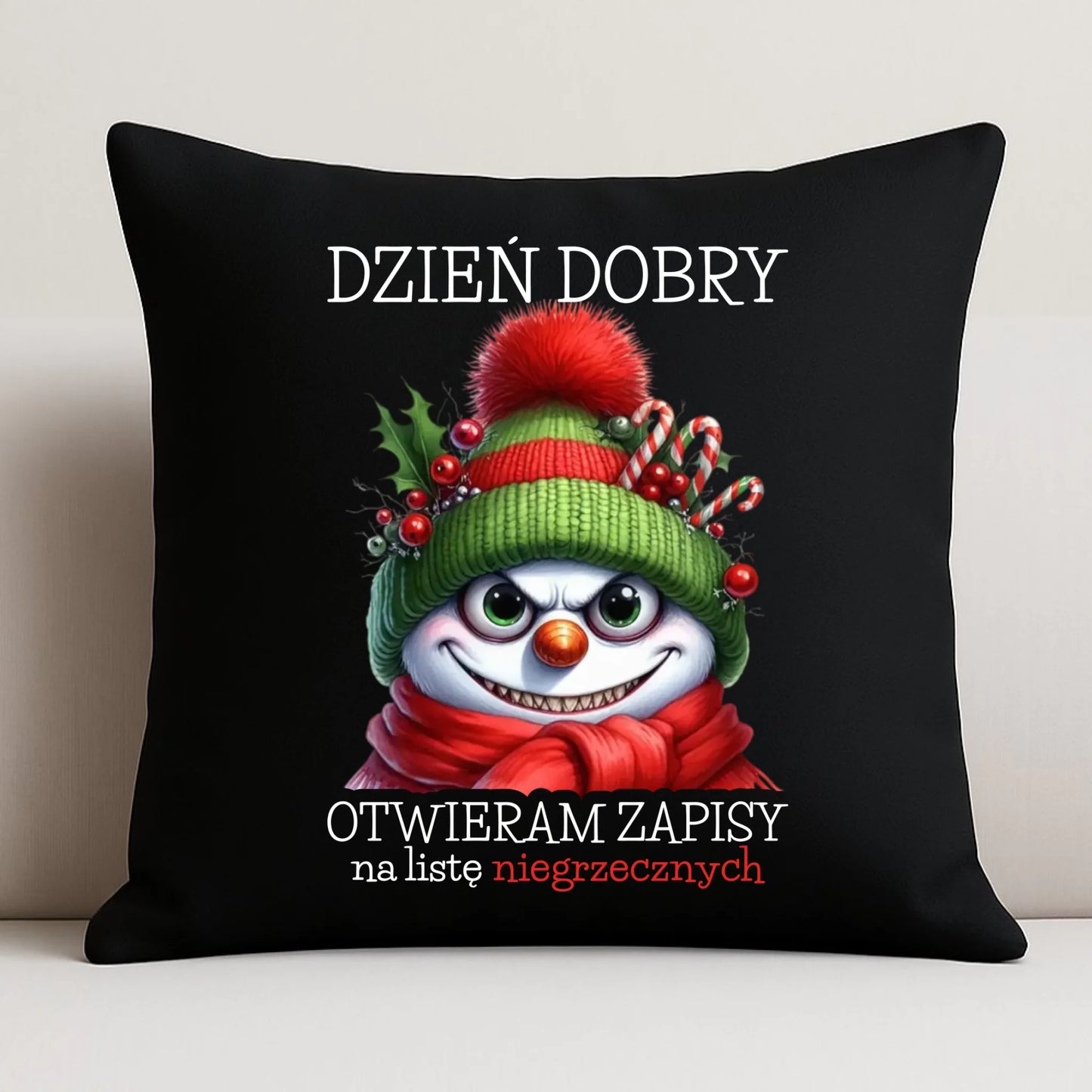 Poduszka dekoracyjna świąteczna - Niegrzeczny bałwan - Dzień dobry otwieram zapisy na listę BN121 - StoryCups.pl