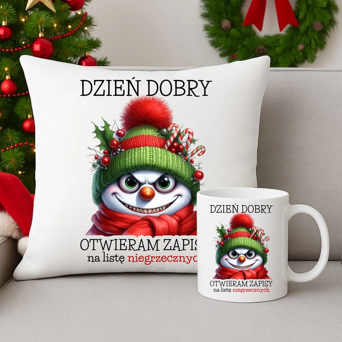 Zestaw poduszka i kubek świąteczny - Niegrzeczny bałwan - Dzień dobry otwieram zapisy na listę BN121 - StoryCups.pl