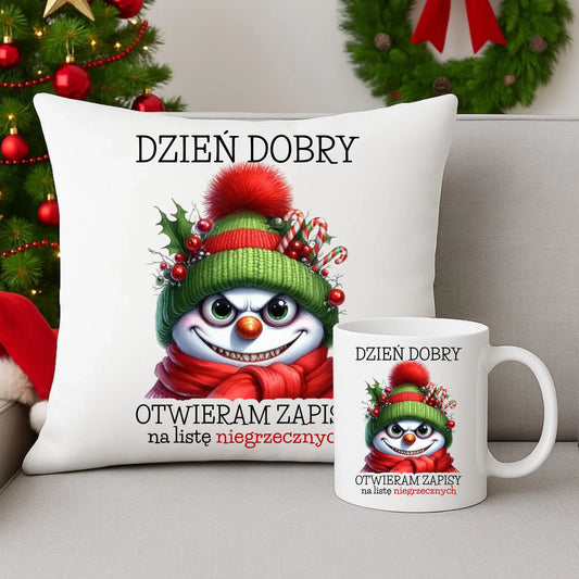 Zestaw poduszka i kubek świąteczny - Niegrzeczny bałwan - Dzień dobry otwieram zapisy na listę BN121 - StoryCups.pl