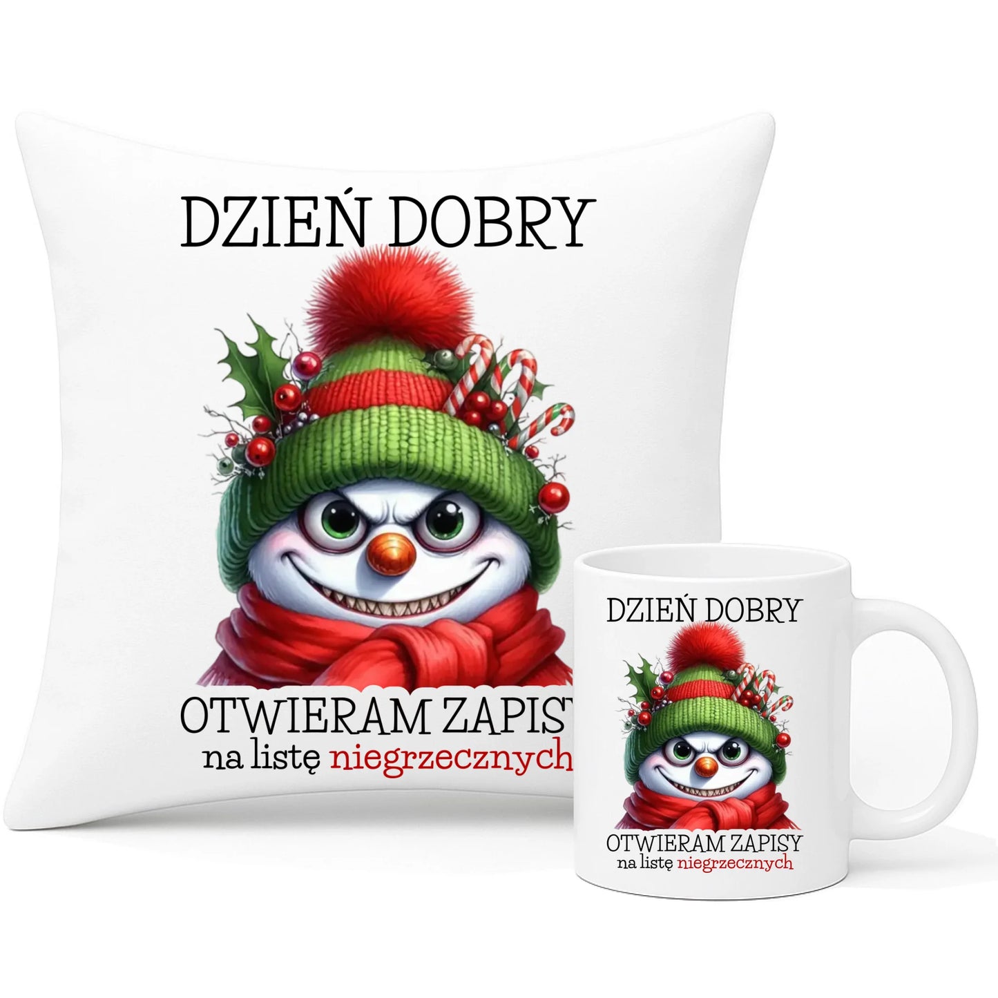 Zestaw poduszka i kubek świąteczny - Niegrzeczny bałwan - Dzień dobry otwieram zapisy na listę BN121 - StoryCups.pl
