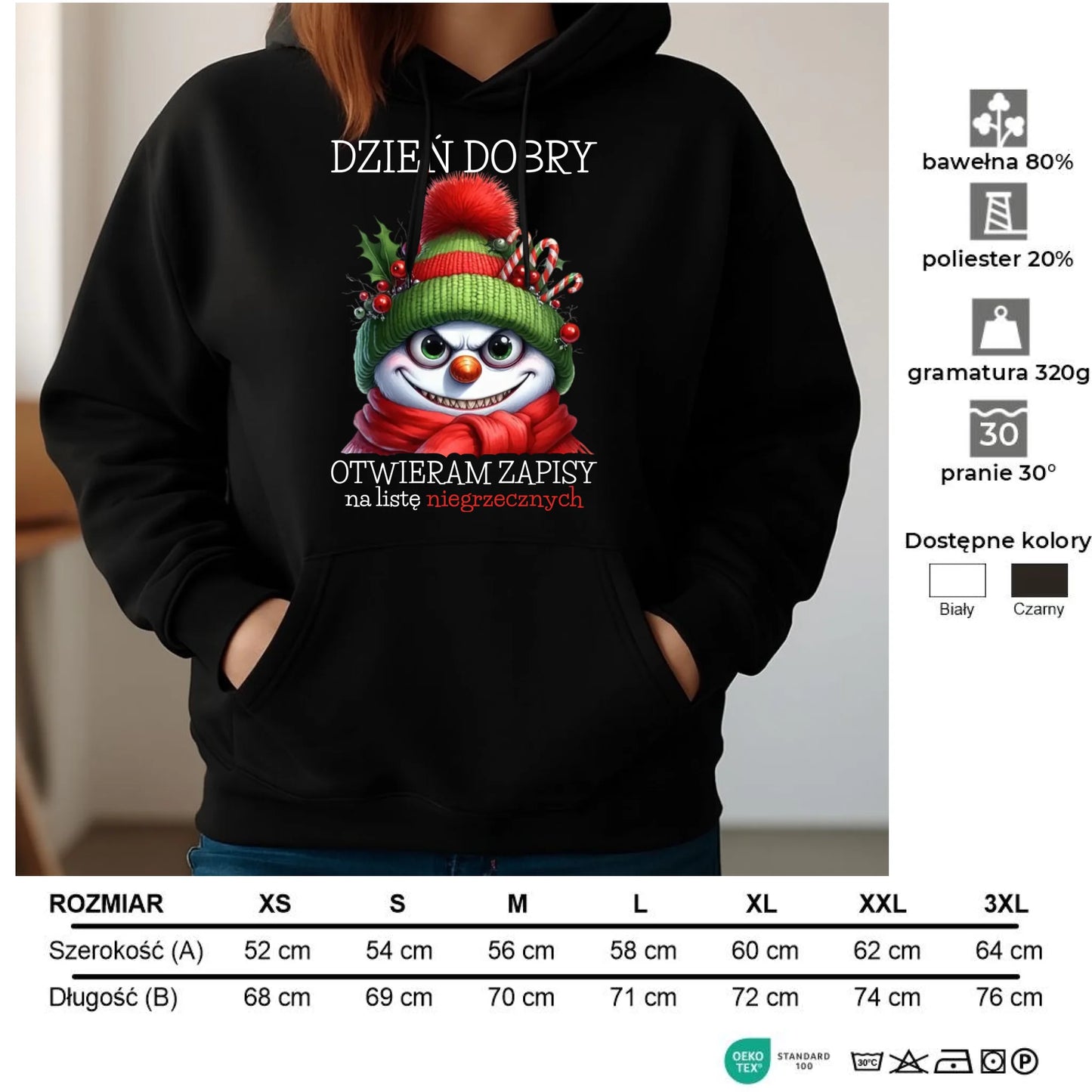 Bluza damska z kapturem świąteczna - Niegrzeczny bałwan - Dzień dobry otwieram zapisy na listę BN121 - StoryCups.pl