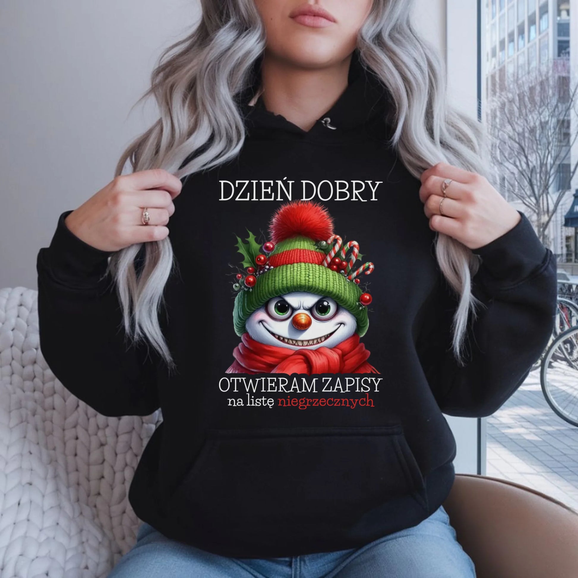 Bluza damska z kapturem świąteczna - Niegrzeczny bałwan - Dzień dobry otwieram zapisy na listę BN121 - StoryCups.pl