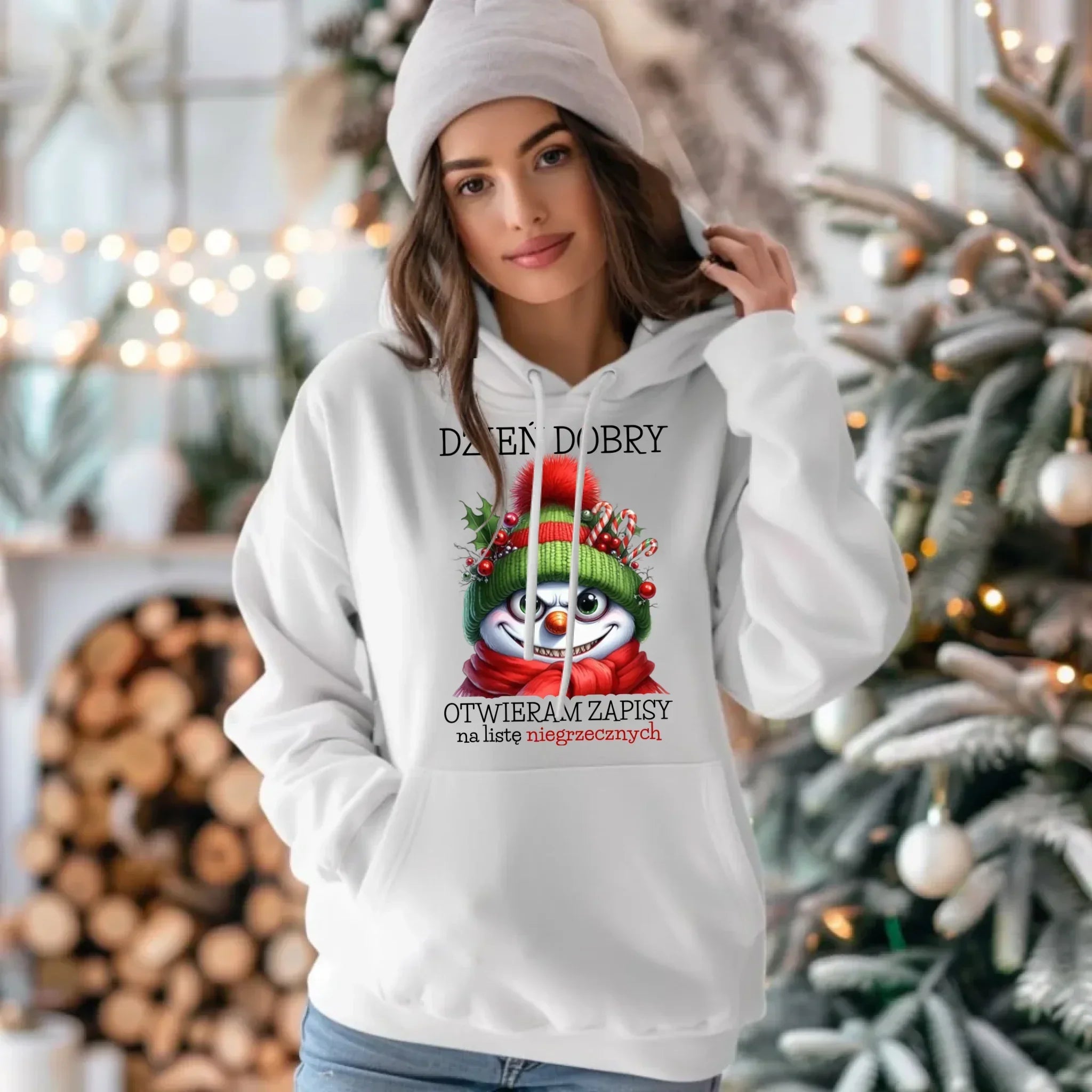 Bluza damska z kapturem świąteczna - Niegrzeczny bałwan - Dzień dobry otwieram zapisy na listę BN121 - StoryCups.pl