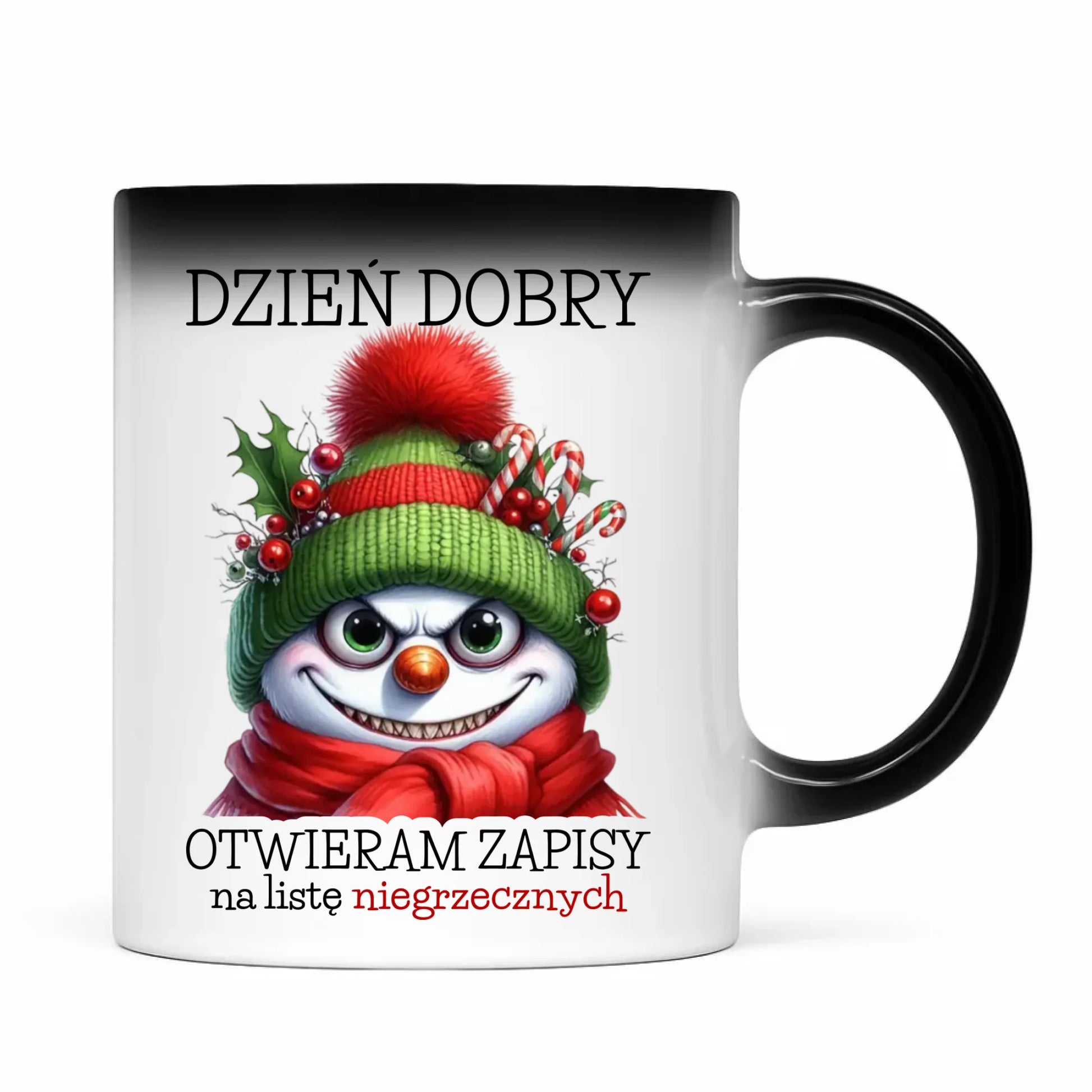 Kubek magiczny świąteczny - Niegrzeczny bałwan - Dzień dobry otwieram zapisy na listę BN121 - StoryCups.pl