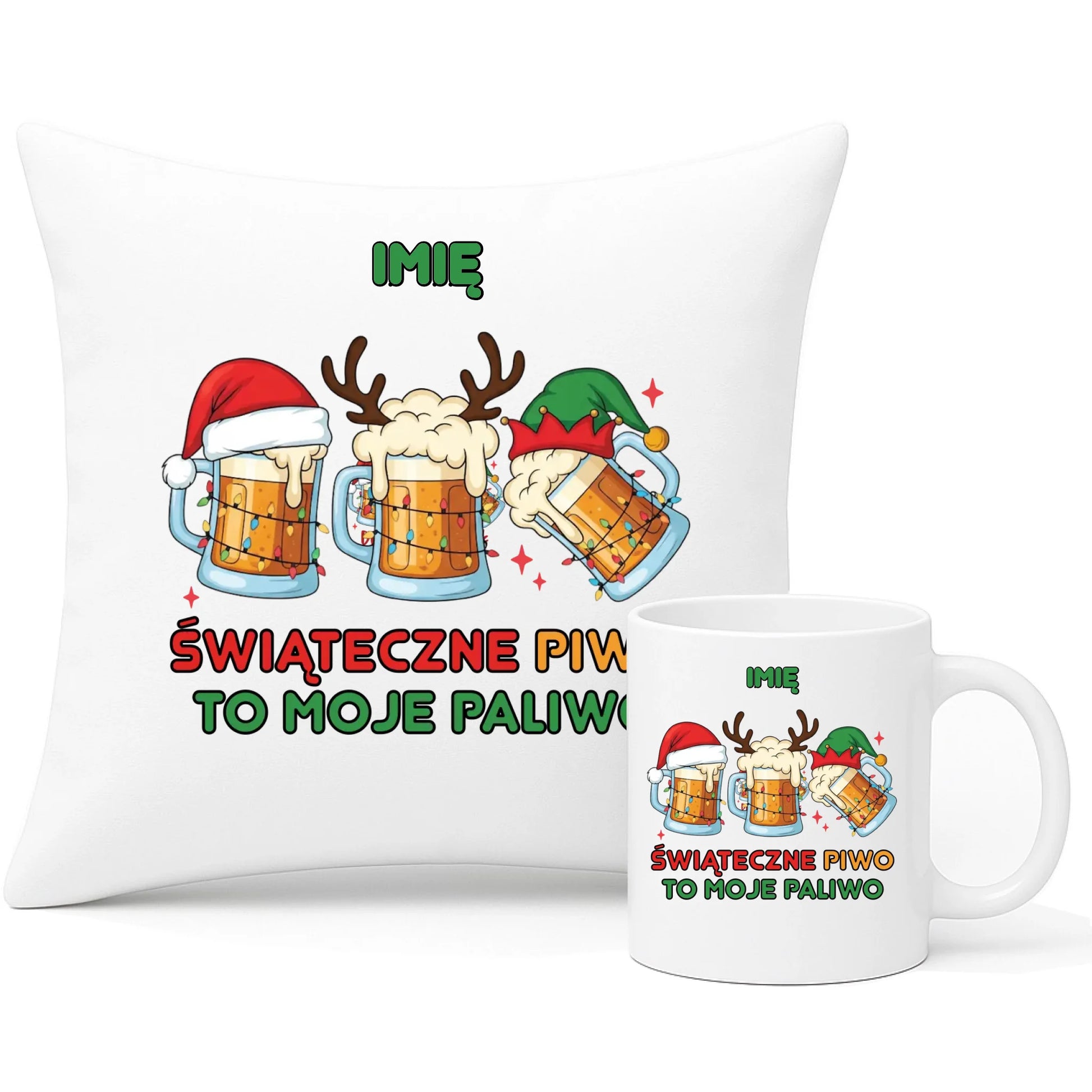 Zestaw poduszka i kubek świąteczny - Świąteczne piwo to moje paliwo - personalizowany BN119 - StoryCups.pl