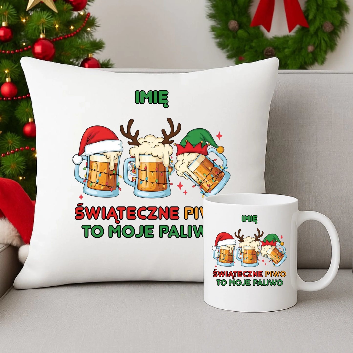 Zestaw poduszka i kubek świąteczny - Świąteczne piwo to moje paliwo - personalizowany BN119 - StoryCups.pl
