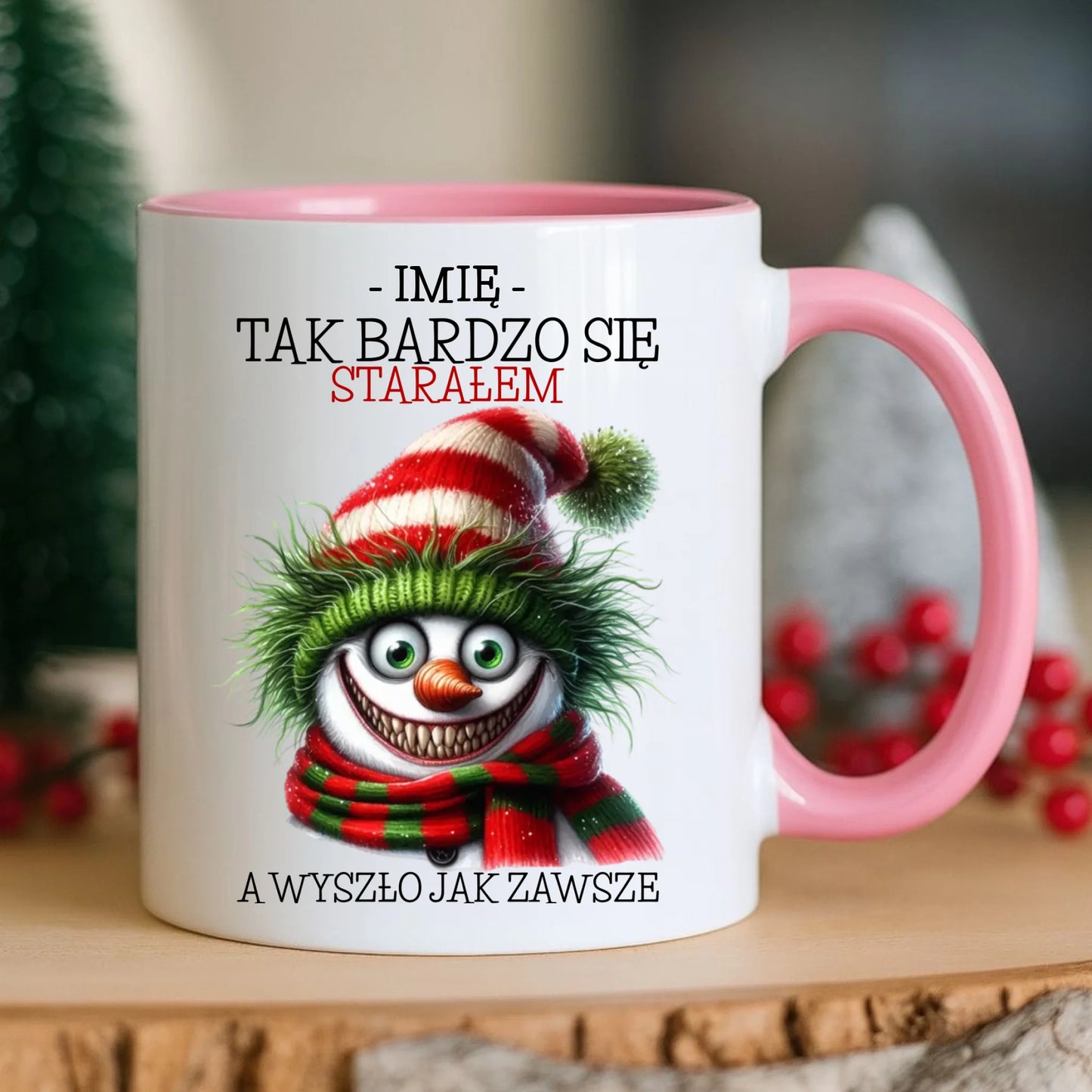 Kubek świąteczny z bałwanem - Tak bardzo się starałem - personalizowany BN120 - StoryCups.pl