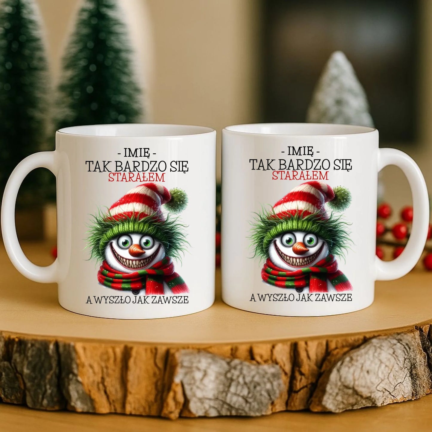 Kubek świąteczny z bałwanem - Tak bardzo się starałem - personalizowany BN120 - StoryCups.pl