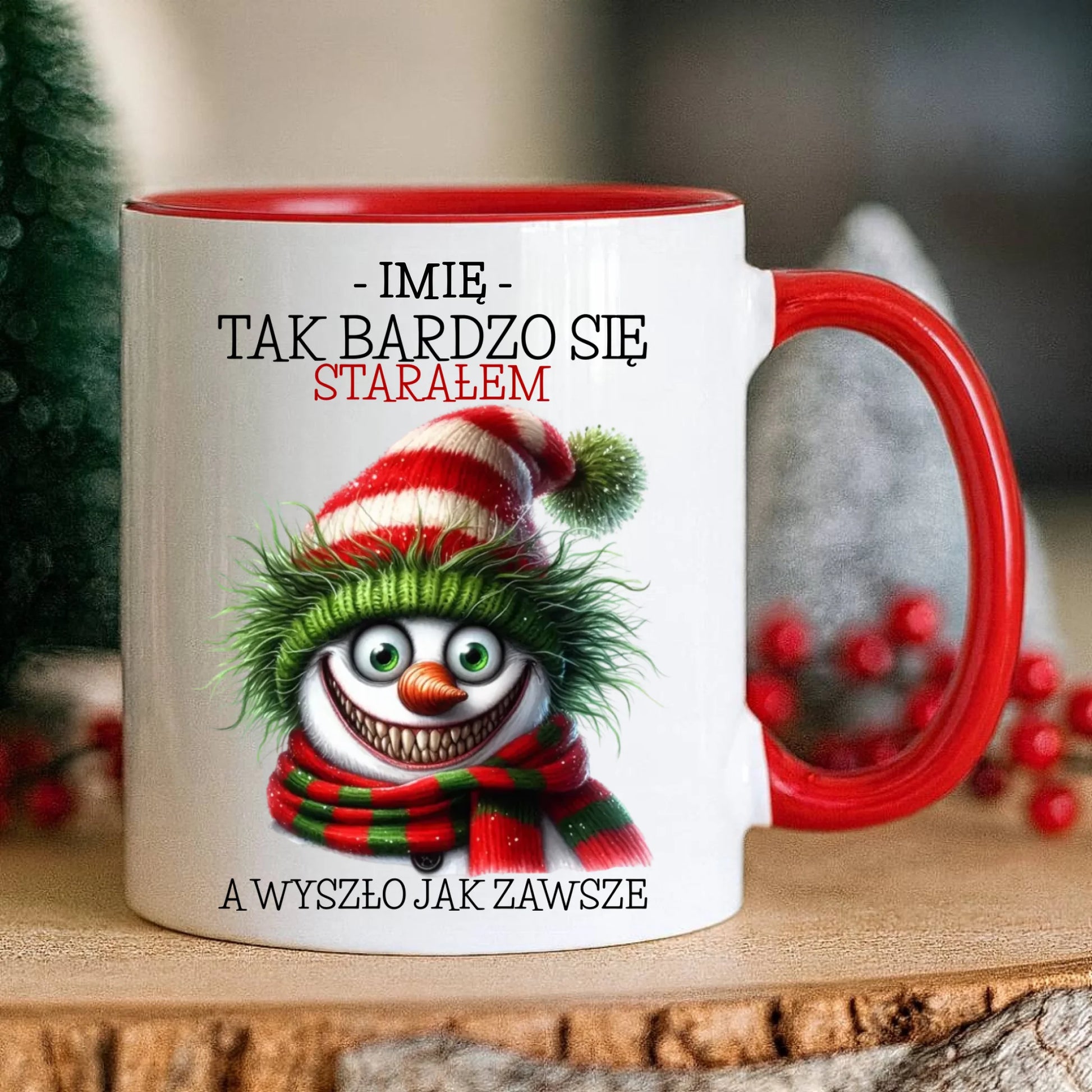 Kubek świąteczny z bałwanem - Tak bardzo się starałem - personalizowany BN120 - StoryCups.pl