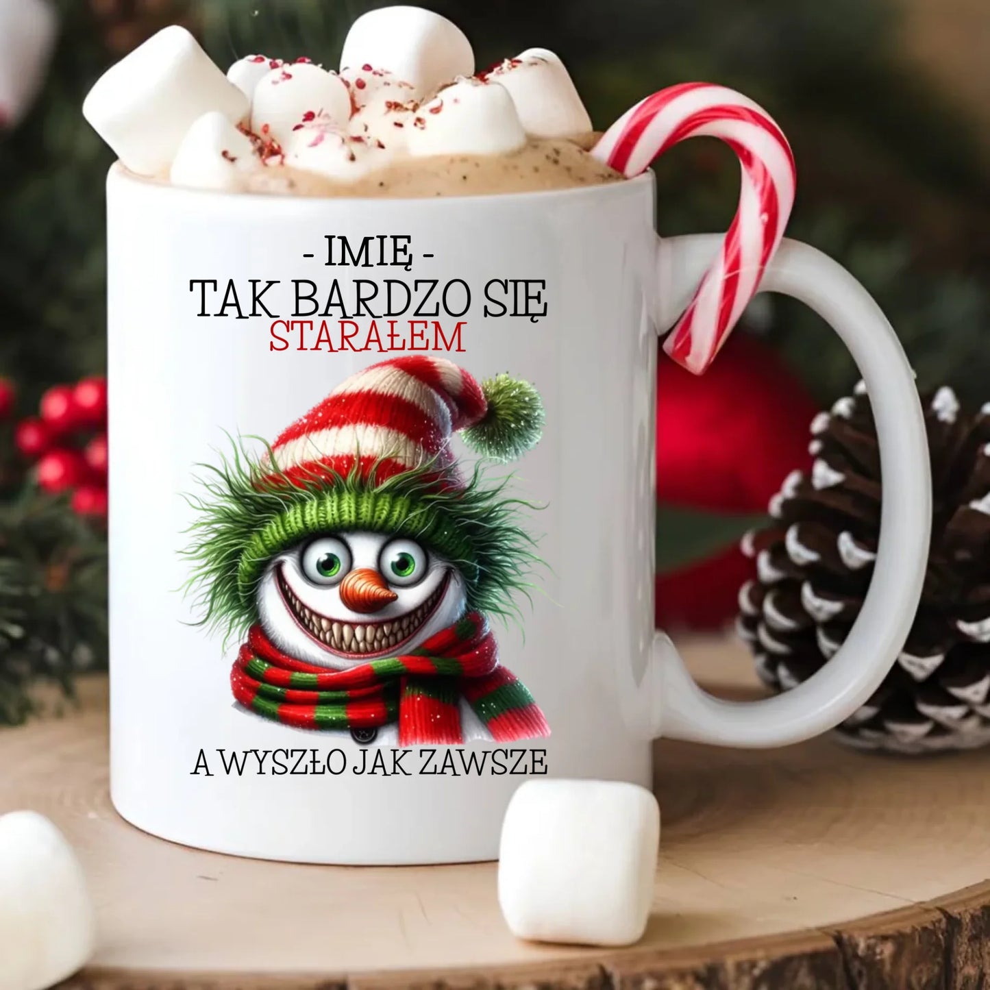 Kubek świąteczny z bałwanem - Tak bardzo się starałem - personalizowany BN120 - StoryCups.pl