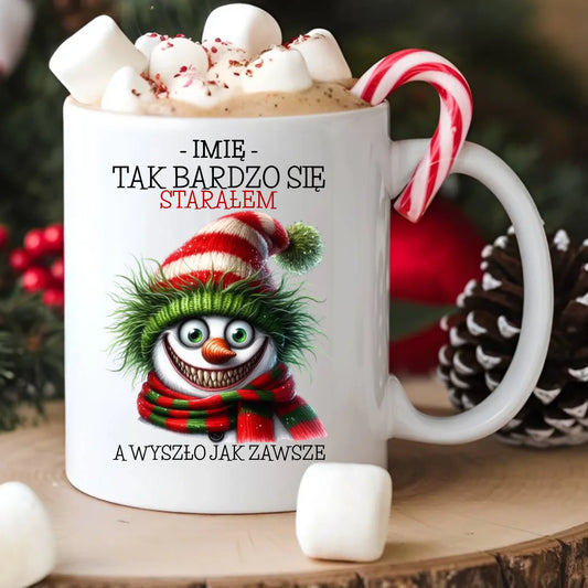 Kubek świąteczny z bałwanem - Tak bardzo się starałem - personalizowany BN120 - StoryCups.pl