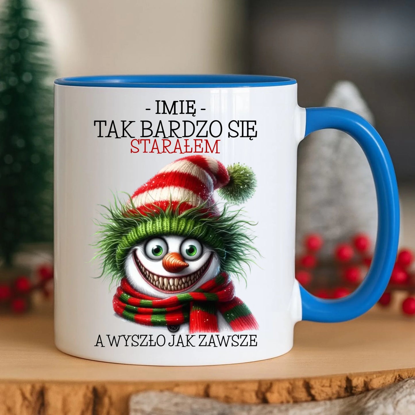 Kubek świąteczny z bałwanem - Tak bardzo się starałem - personalizowany BN120 - StoryCups.pl