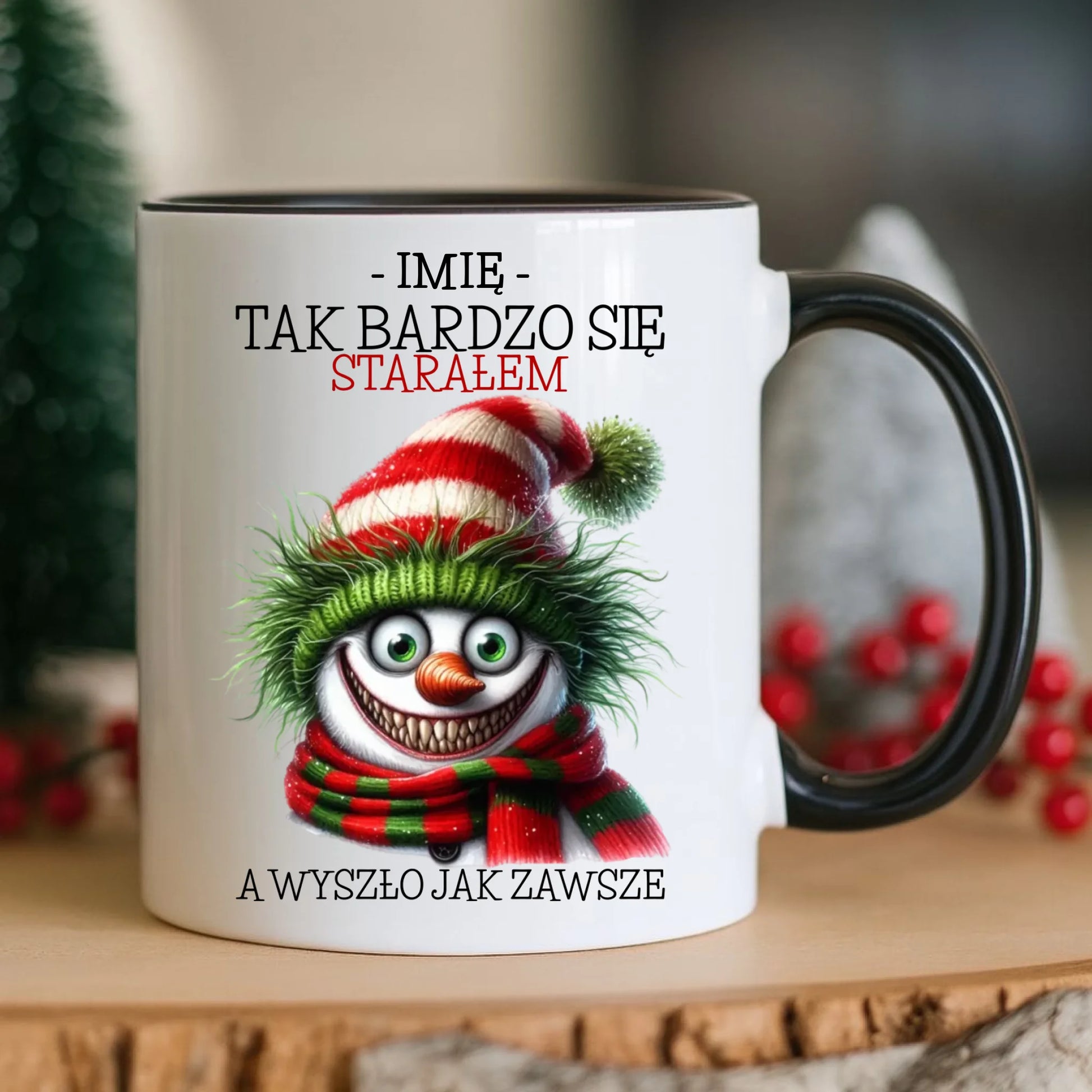 Kubek świąteczny z bałwanem - Tak bardzo się starałem - personalizowany BN120 - StoryCups.pl