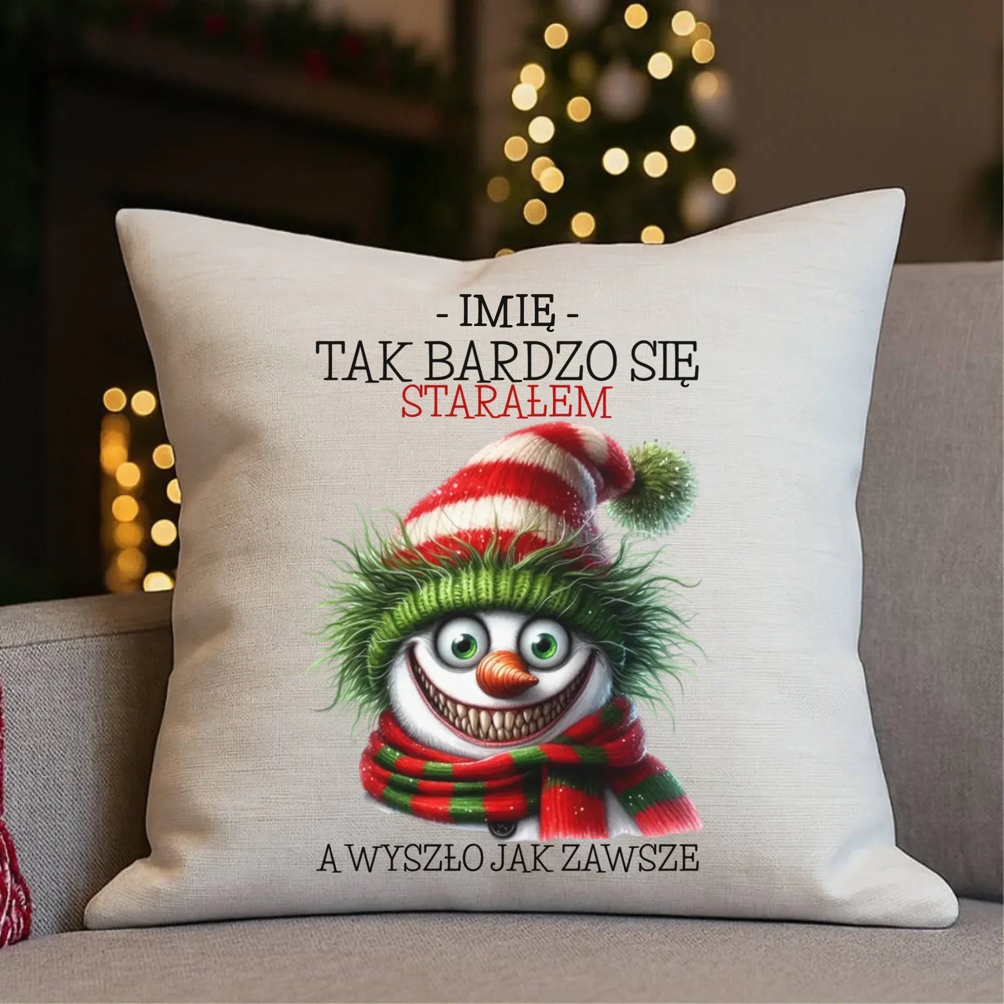 Poduszka świąteczna z bałwanem - Tak bardzo się starałem - personalizowana BN120 - StoryCups.pl