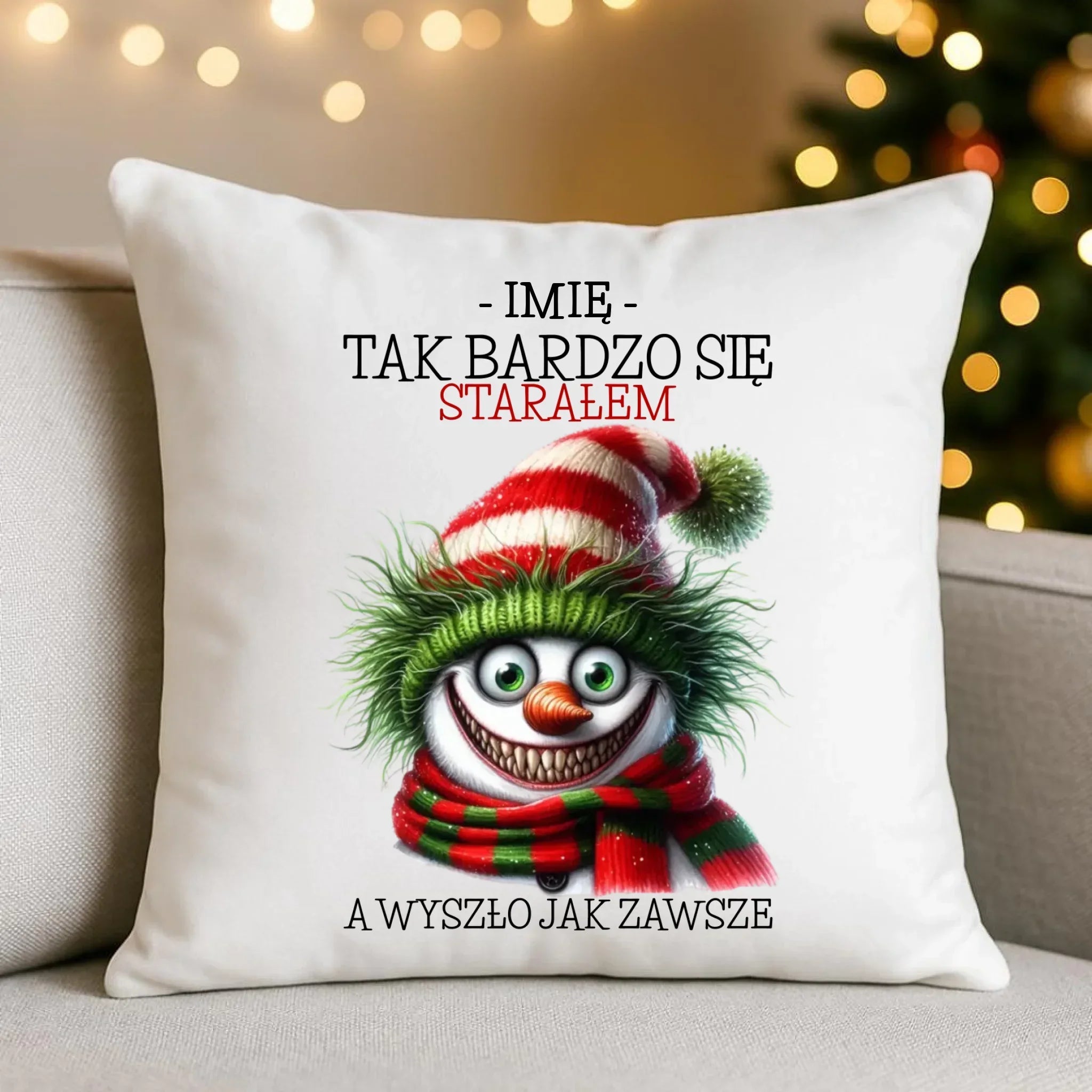Poduszka świąteczna z bałwanem - Tak bardzo się starałem - personalizowana BN120 - StoryCups.pl
