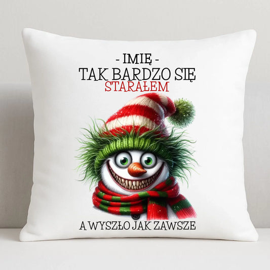 Poduszka świąteczna z bałwanem - Tak bardzo się starałem - personalizowana BN120 - StoryCups.pl
