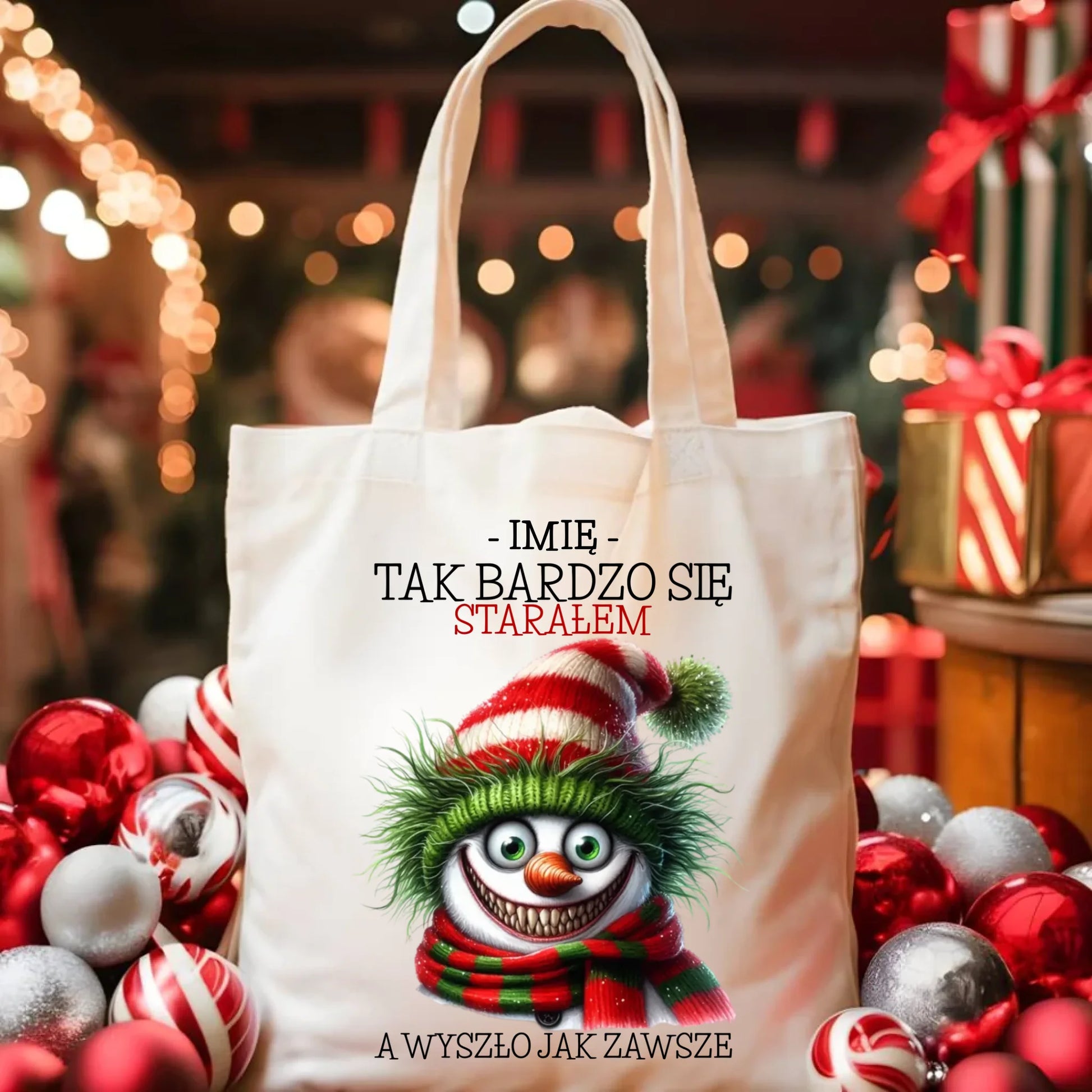 Torba świąteczna z bałwanem - Tak bardzo się starałem - personalizowana BN120 - StoryCups.pl
