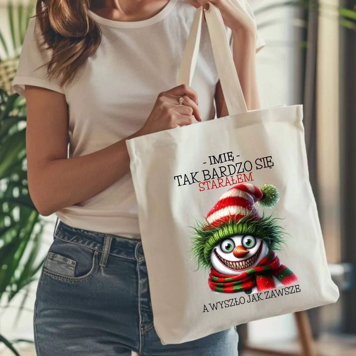 Torba świąteczna z bałwanem - Tak bardzo się starałem - personalizowana BN120 - StoryCups.pl