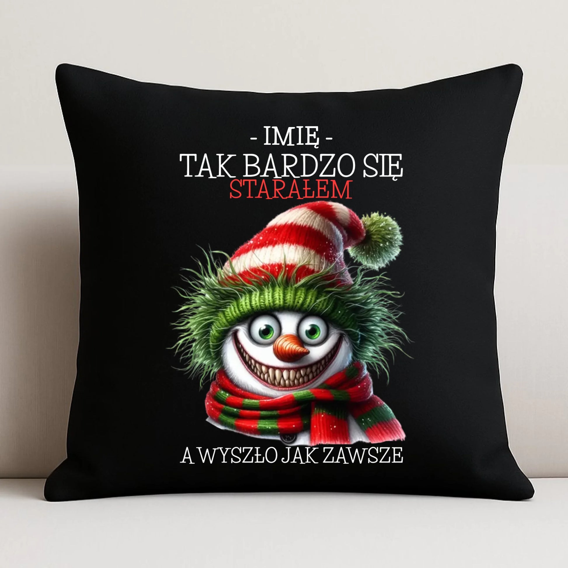 Poduszka dekoracyjna świąteczna z bałwanem - Tak bardzo się starałem - personalizowana BN120 - StoryCups.pl