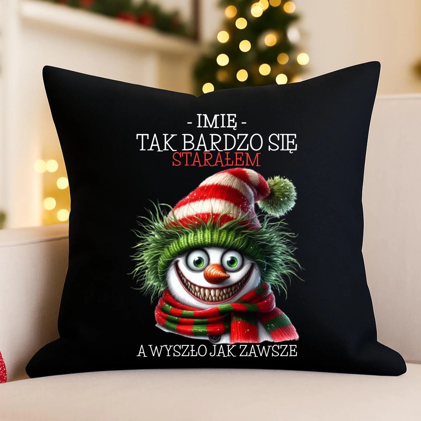 Poduszka dekoracyjna świąteczna z bałwanem - Tak bardzo się starałem - personalizowana BN120 - StoryCups.pl