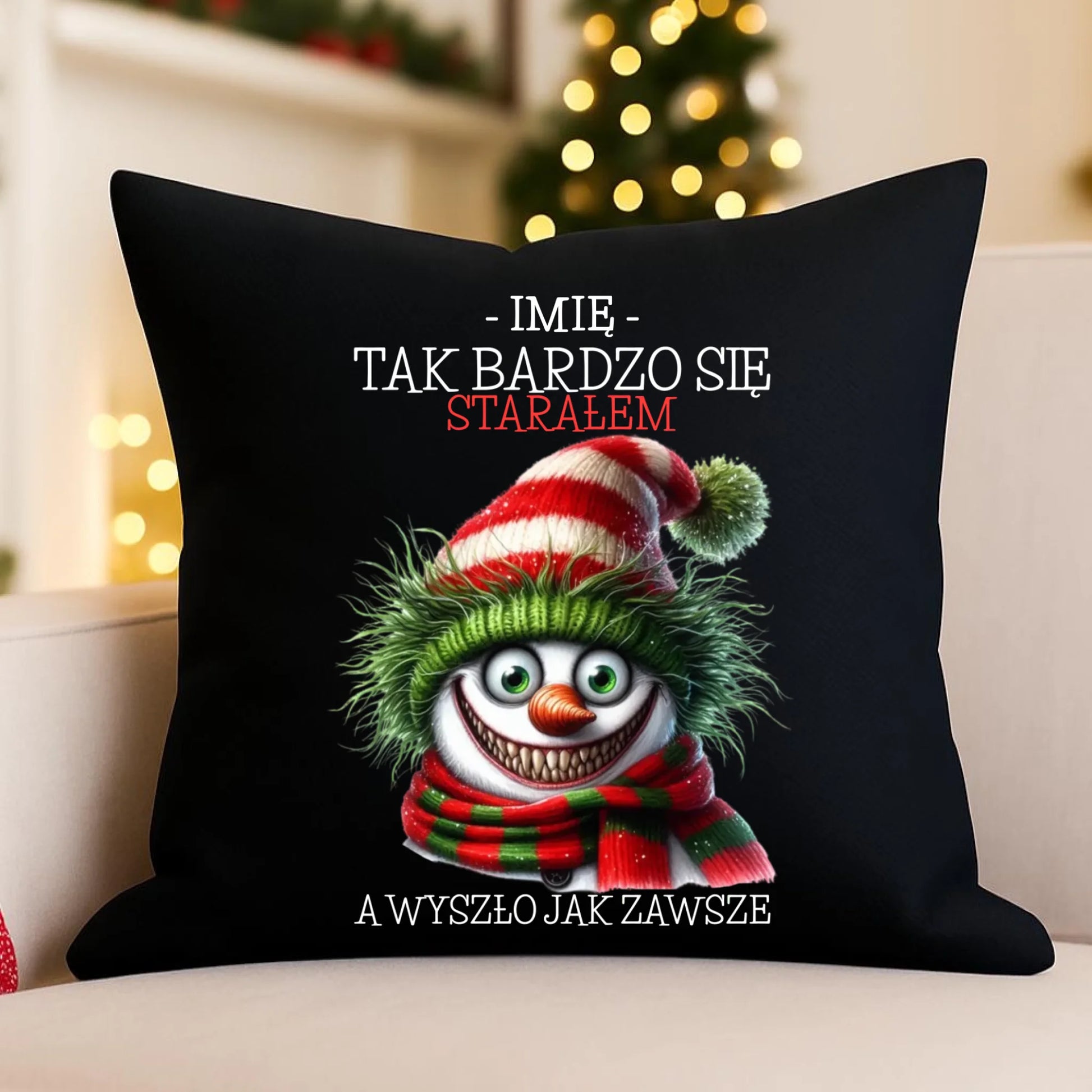 Poduszka dekoracyjna świąteczna z bałwanem - Tak bardzo się starałem - personalizowana BN120 - StoryCups.pl