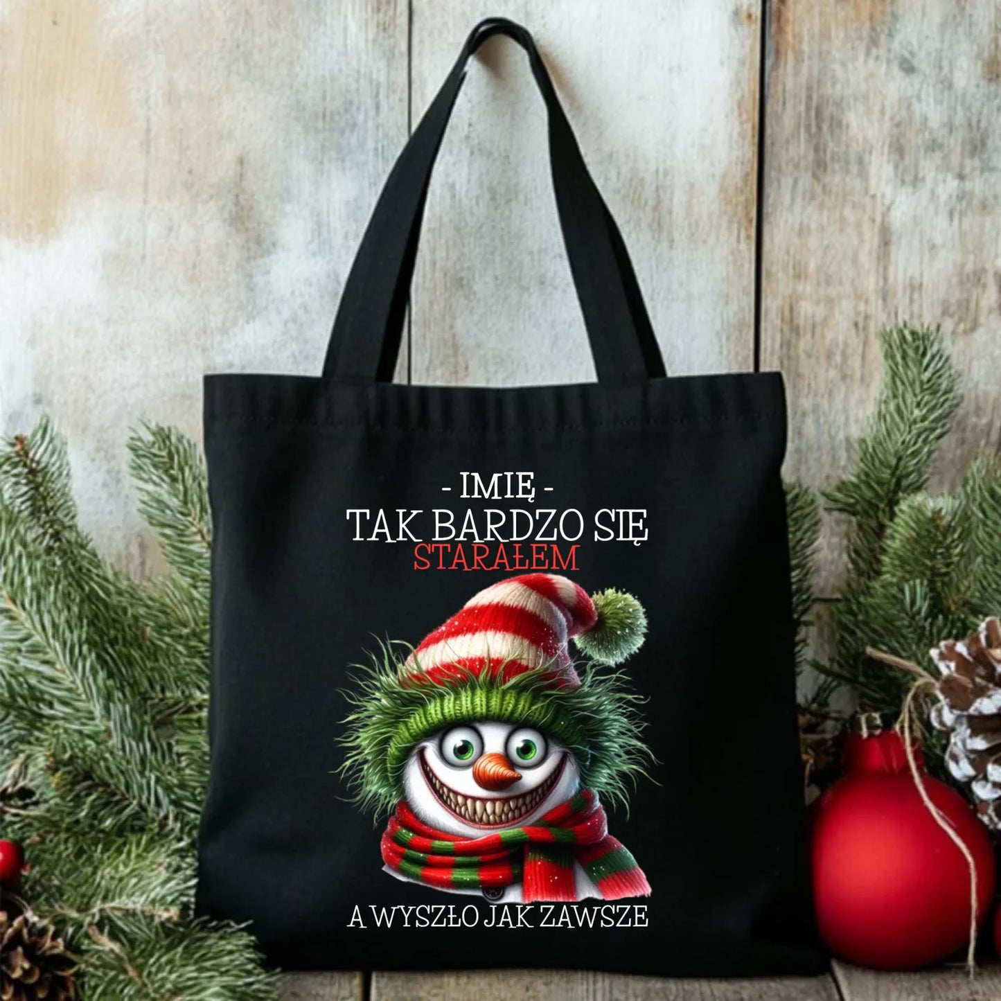 Torba świąteczna z bałwanem - Tak bardzo się starałem - personalizowana BN120 - StoryCups.pl