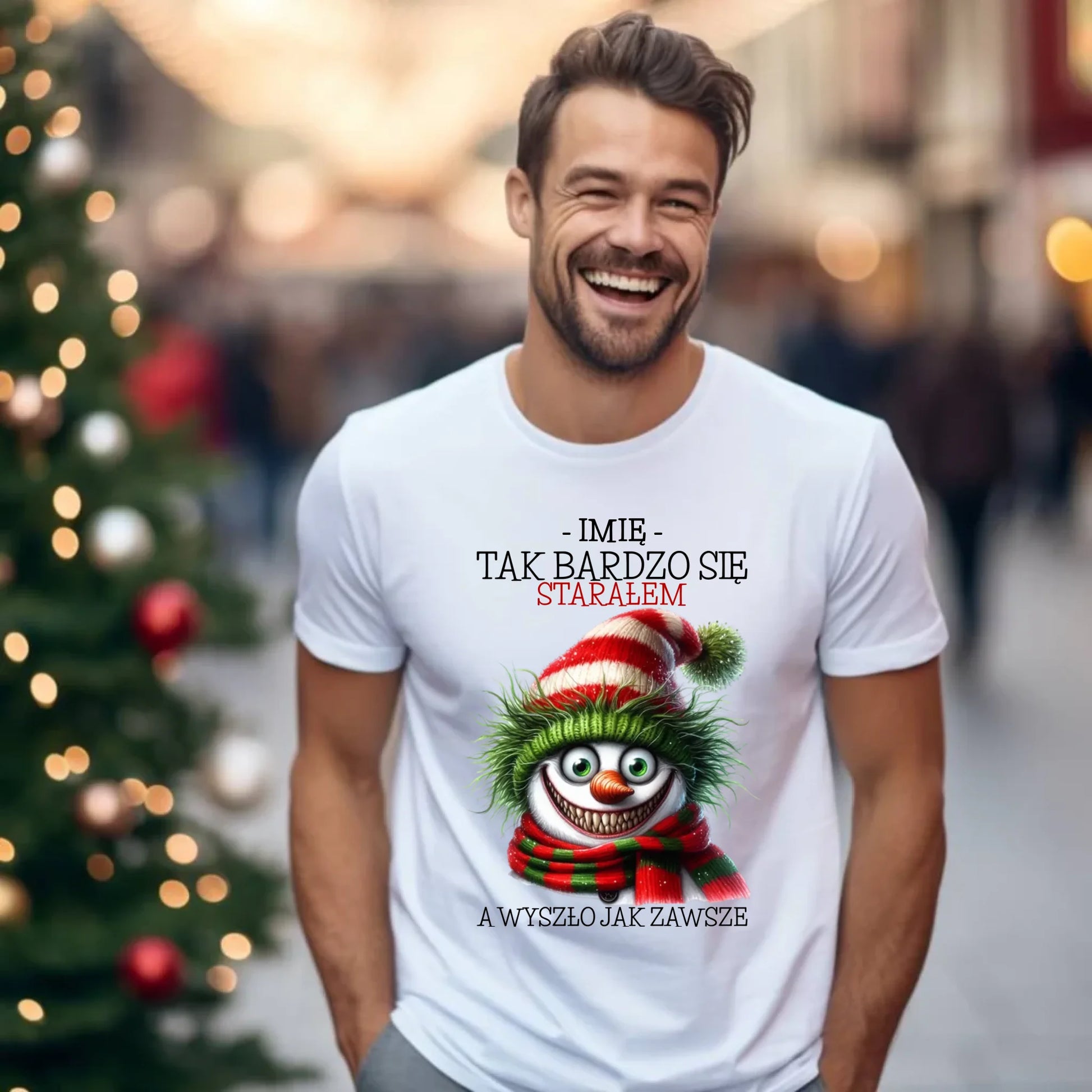 Koszulka męska świąteczna z bałwanem - Tak bardzo się starałem - personalizowana BN120 - StoryCups.pl