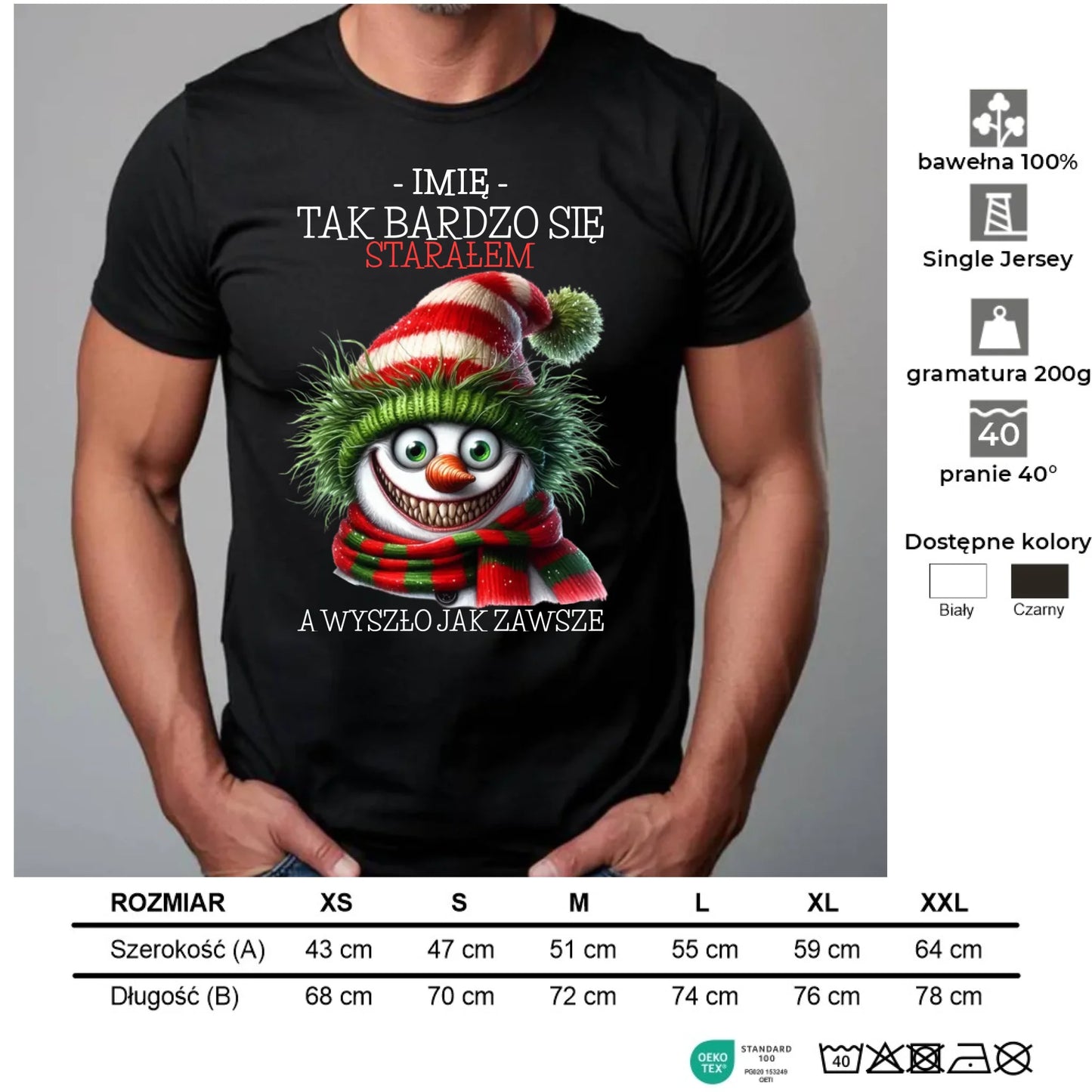 Koszulka męska świąteczna z bałwanem - Tak bardzo się starałem - personalizowana BN120 - StoryCups.pl