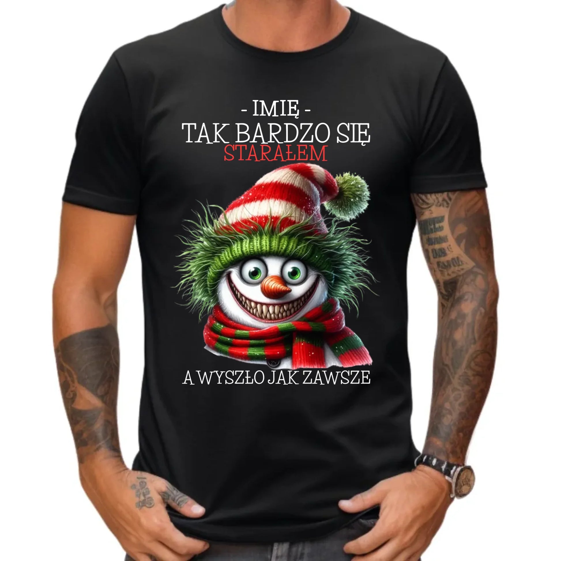 Koszulka męska świąteczna z bałwanem - Tak bardzo się starałem - personalizowana BN120 - StoryCups.pl